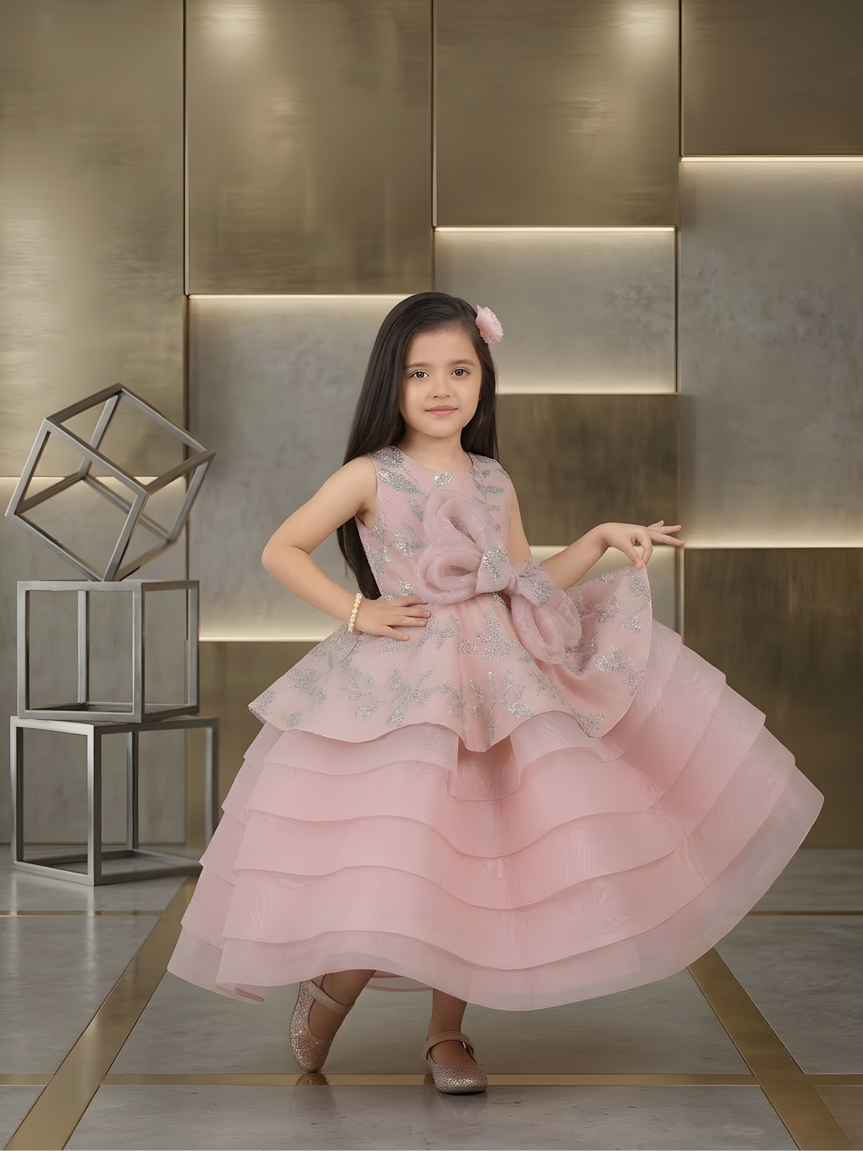 Girls' Layered Princess Party Frock with Bow Detail (Dusty Pink)