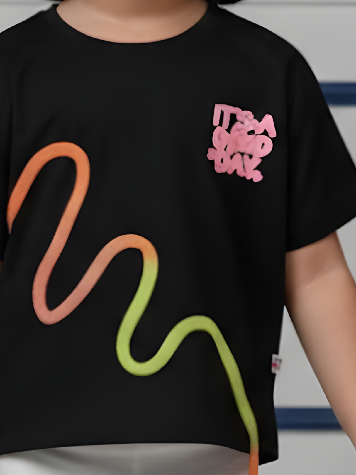 Girls Black "Good Day" Graphic Tee with Rainbow Cord Detail