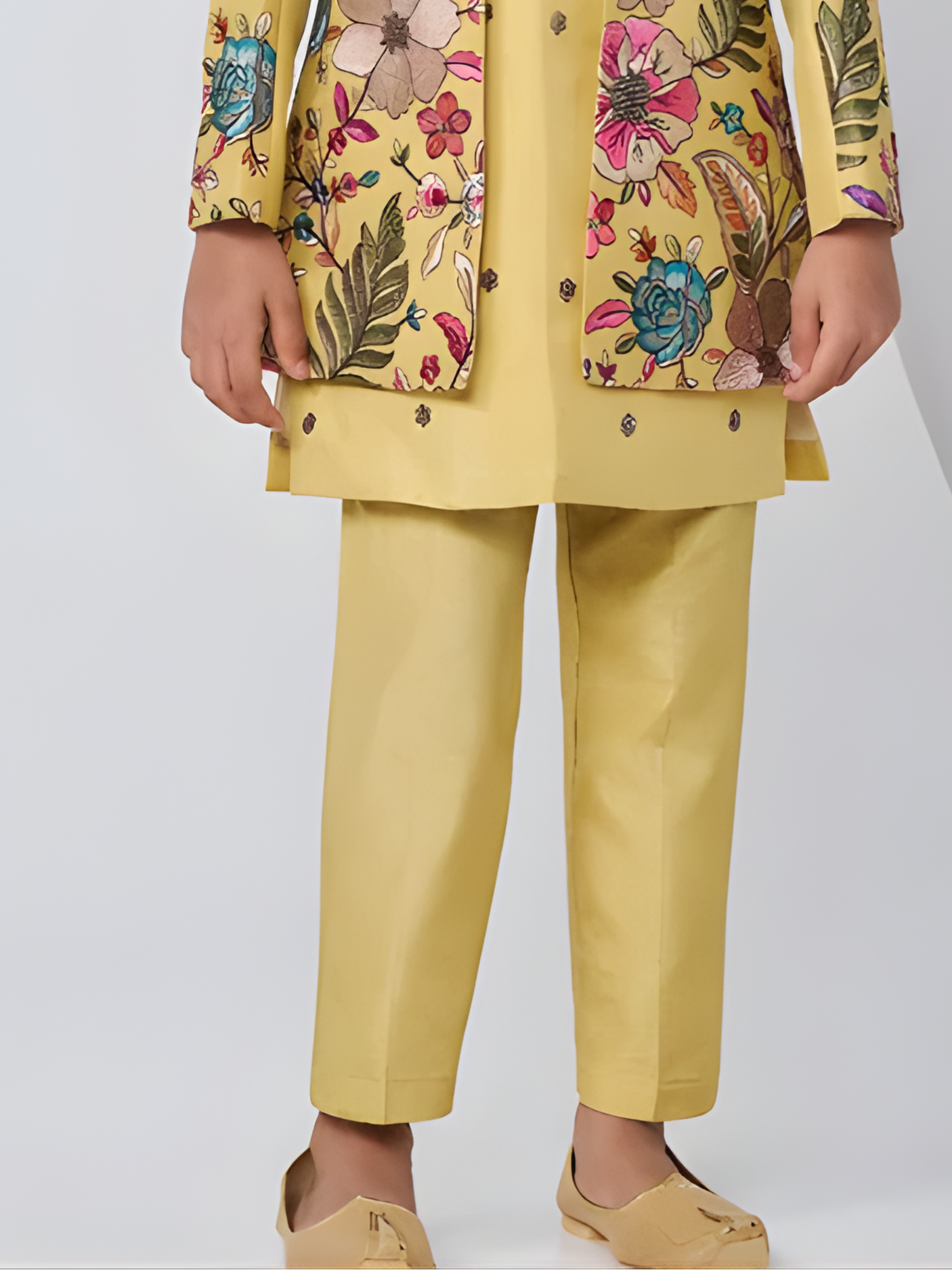 Boys' Yellow Kurta Set with Floral Embroidered Open Jacket