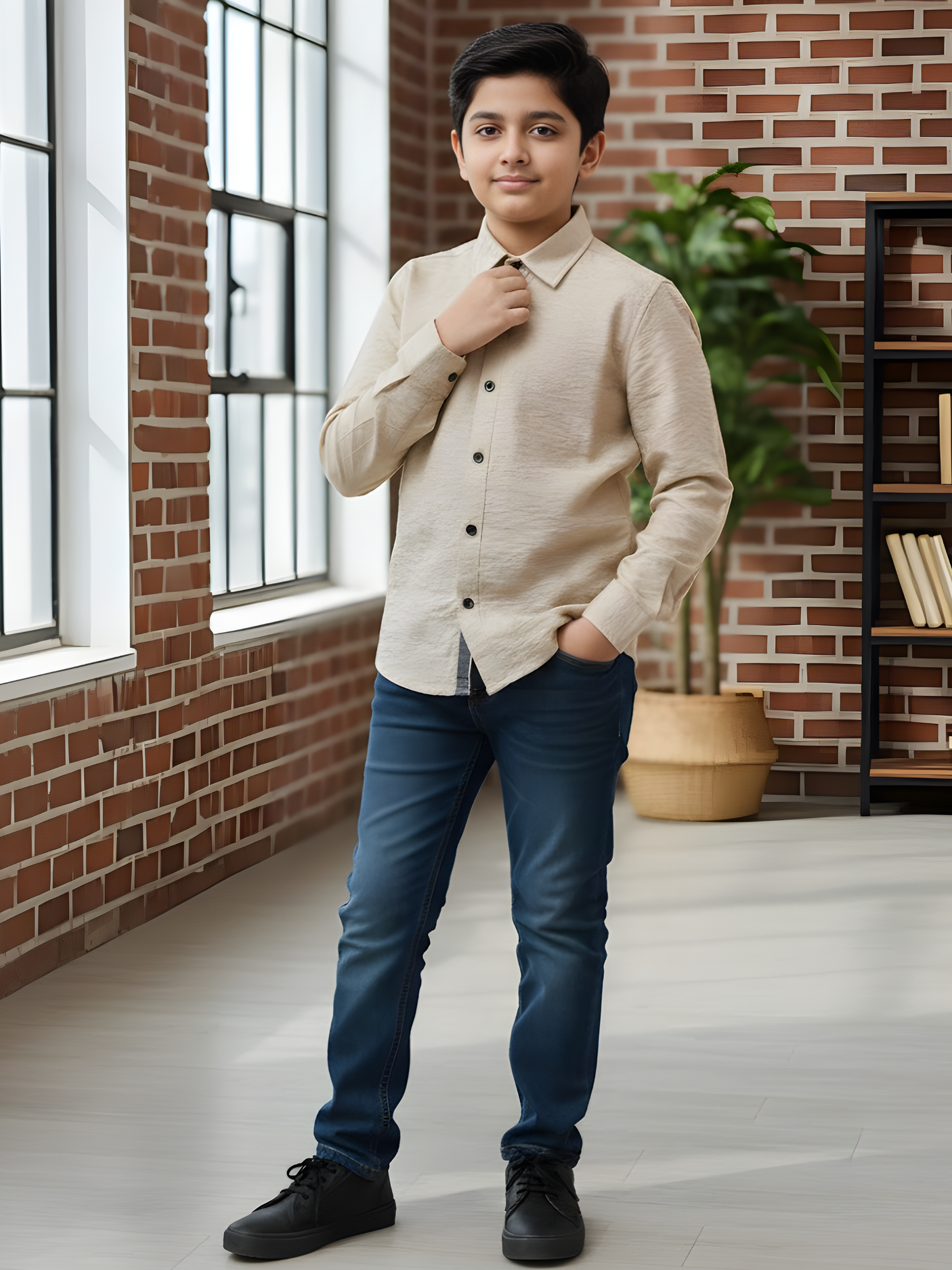 Boys Classic Cream Textured Cotton Casual Shirt