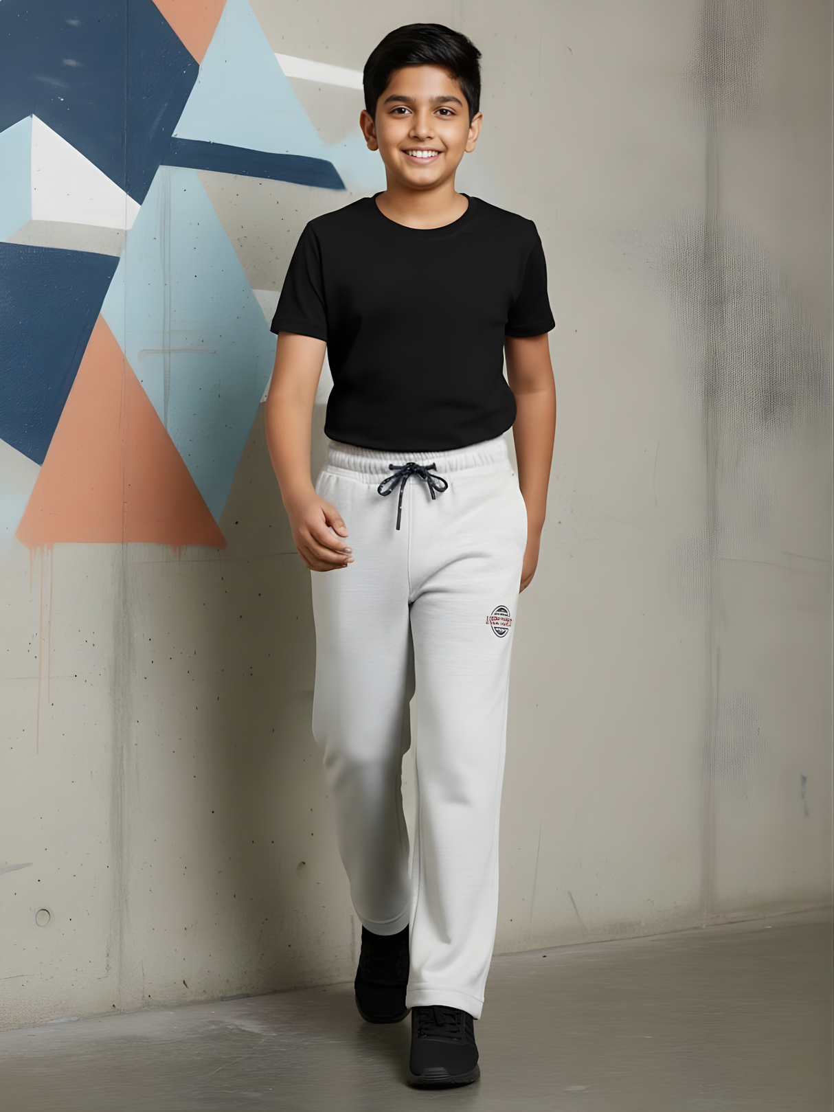 Boys' Comfort-Fit Light Grey Melange Joggers with Graphic Print