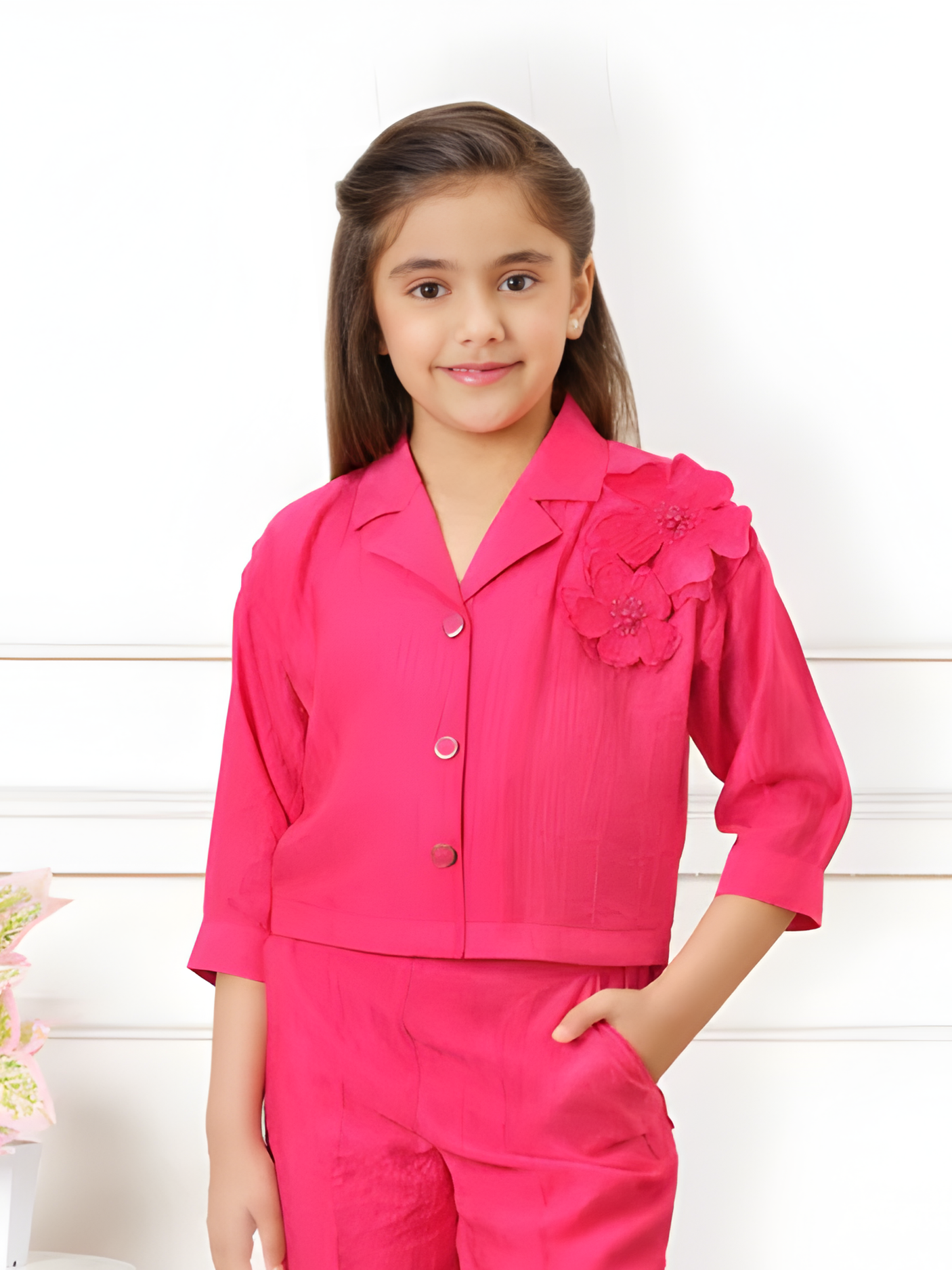 Girls' Fuchsia Pink Co-ord Set with Crop Shirt and Wide-Leg Palazzo Pants