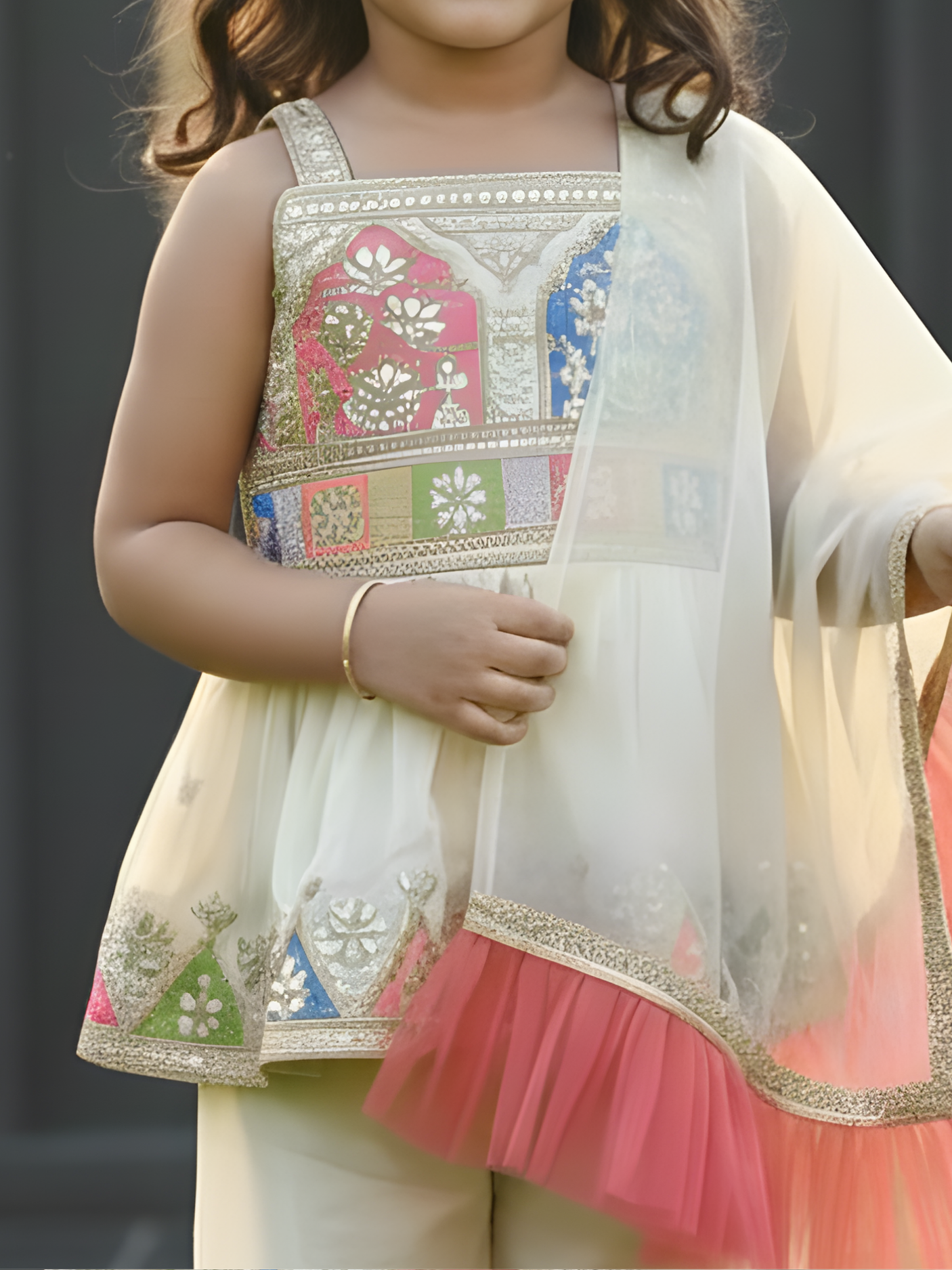 Girls Cream Embroidered Peplum Top and Pajama Set with Ruffled Dupatta