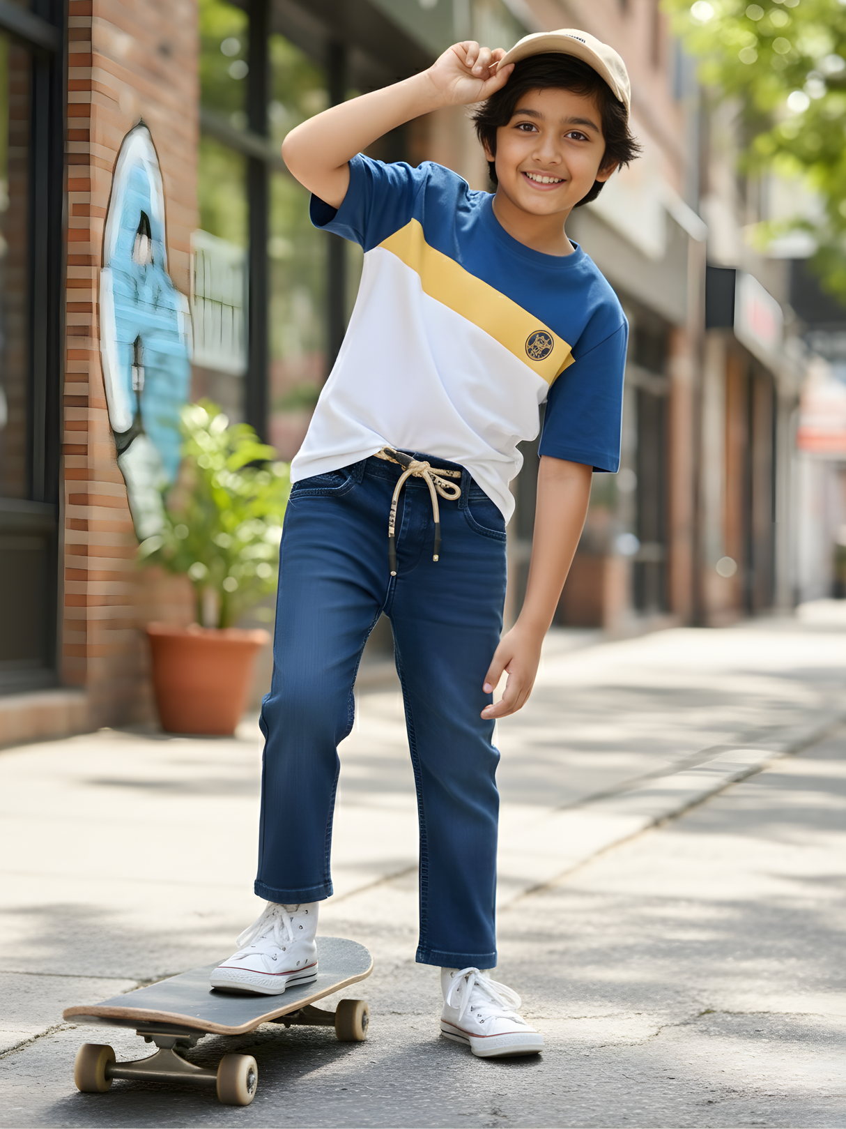 Toddler Boys' Navy Blue Pull-On Jeans with Branded Drawstring.