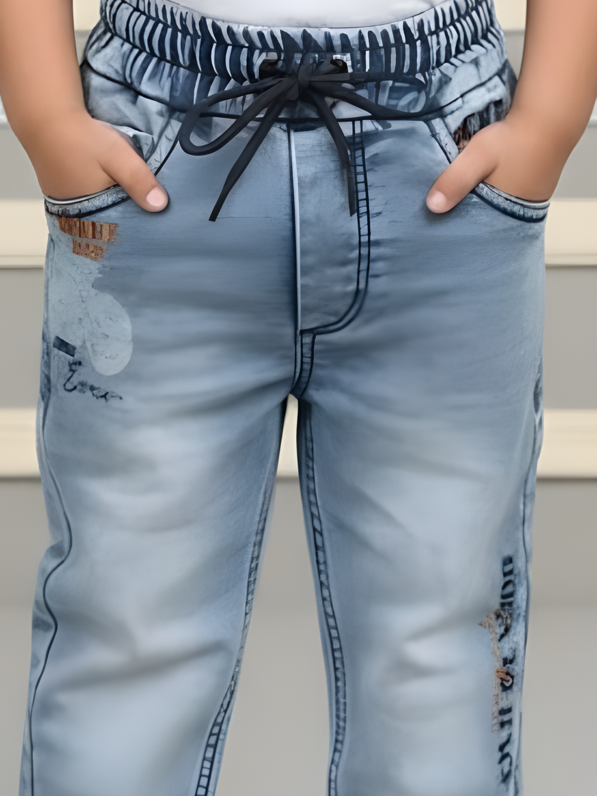 Boys Light Wash Relaxed Fit Denim Jeans with Elasticated Drawstring Waist