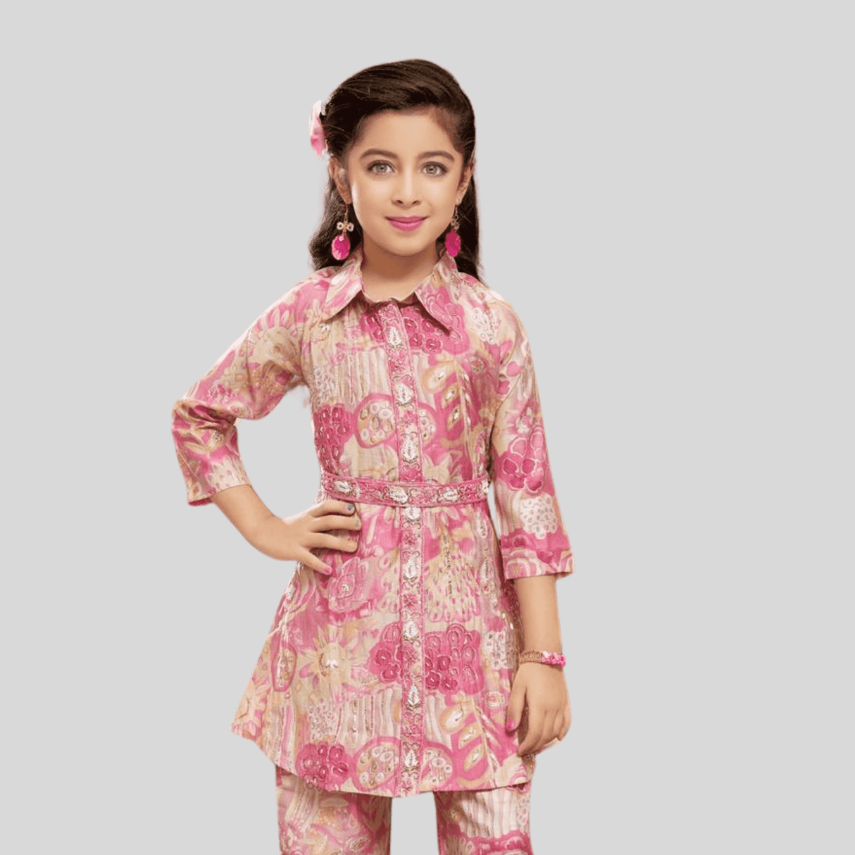 Girls Traditional 3/4th Sleeves Pant Set - Pink