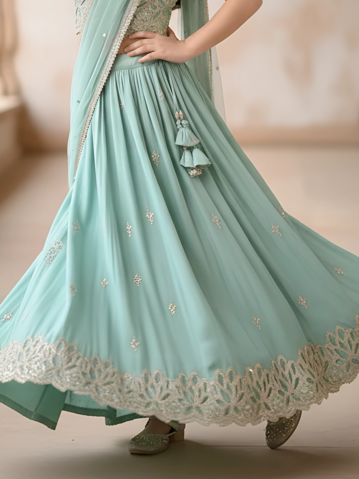 Girls' Seafoam Green Cutwork Choli Set with Scalloped Dupatta