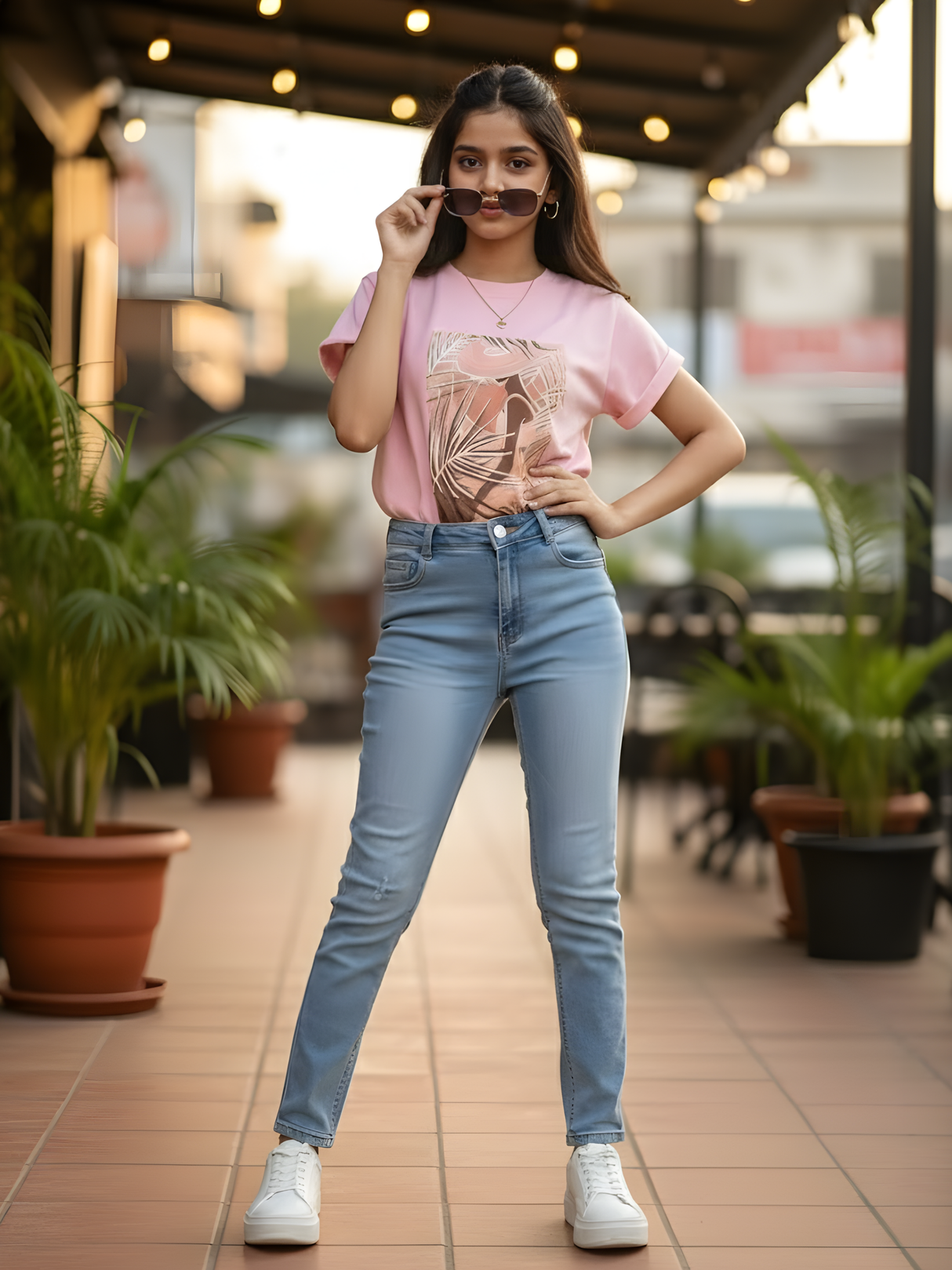 Girls' Tropical Graphic Print Knit Top - Soft Pink.