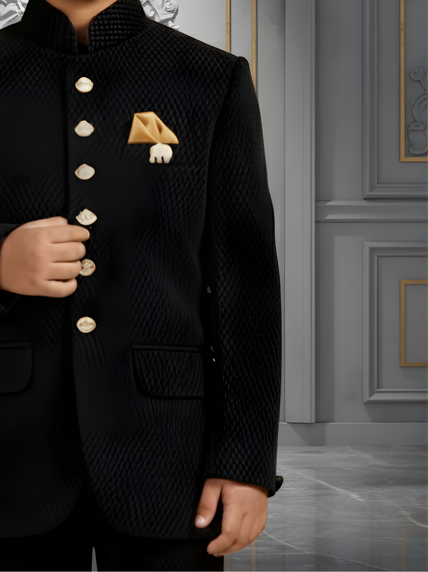 Boys' Black Jodhpur Styled Coat Suit with Gold Button Detailing