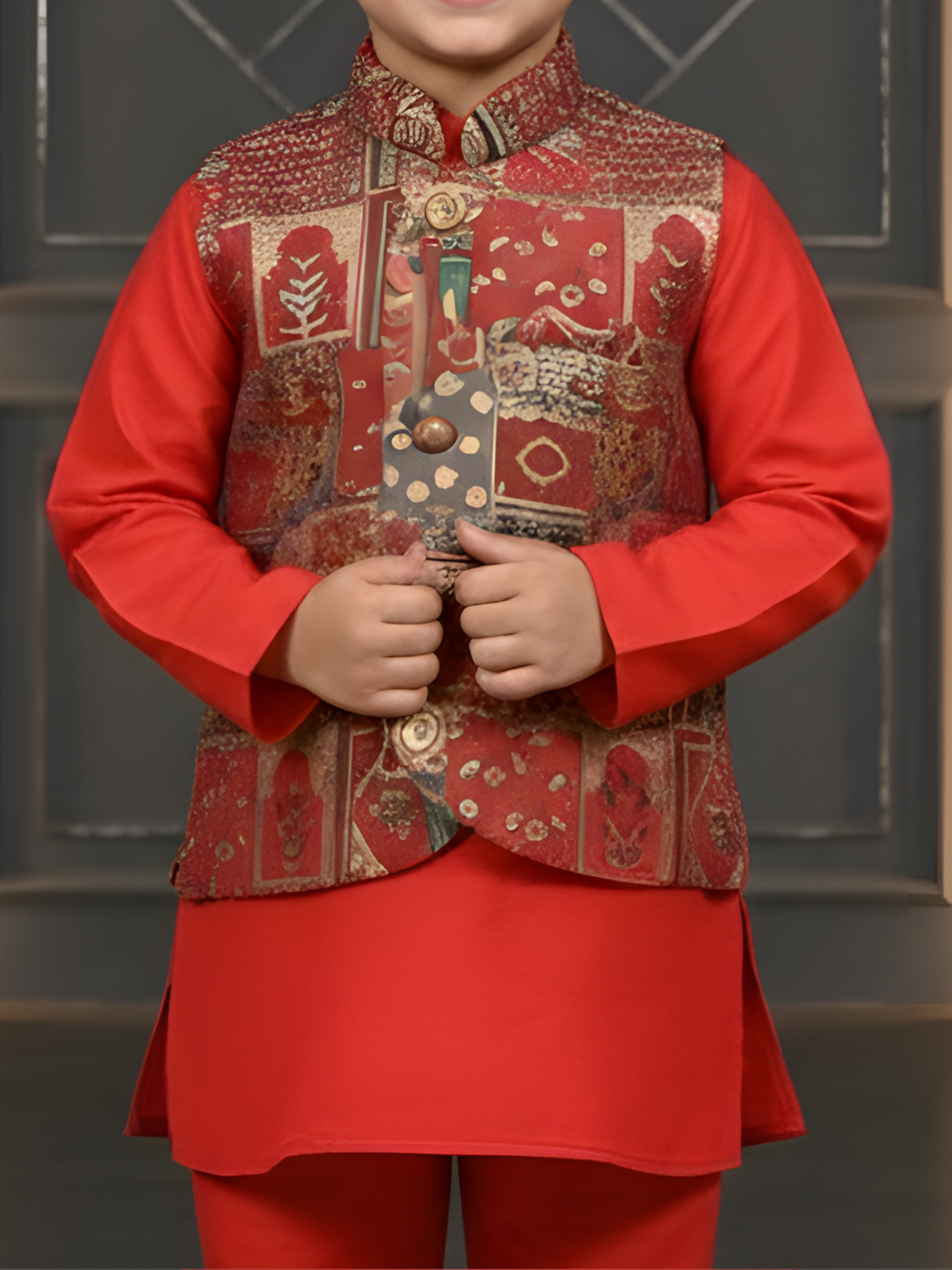 Boys Pink Silk Kurta Set with Intricate Printed Nehru Jacket