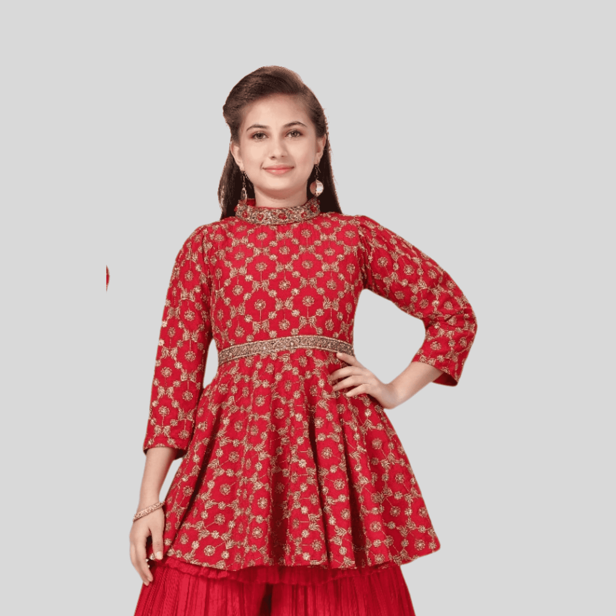 Girls Traditional 3/4th Sleeves Ghagara Set - Red