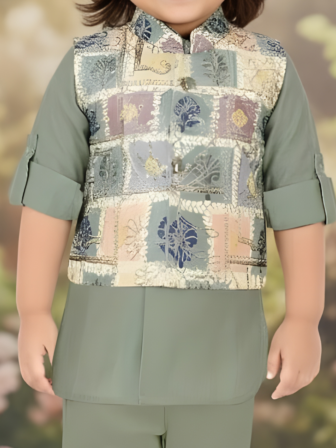 Boys' Sage Green Kurta Pajama Set with Multi-Color Patterned Waistcoat
