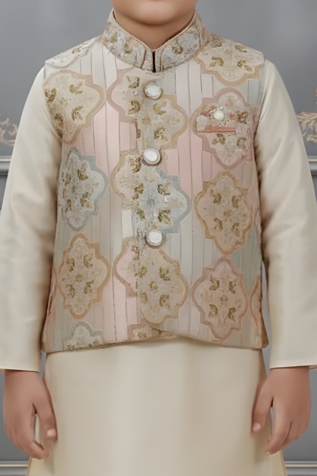Boys' Cream Silk-Blend Kurta Set with Pastel Floral Nehru Jacket
