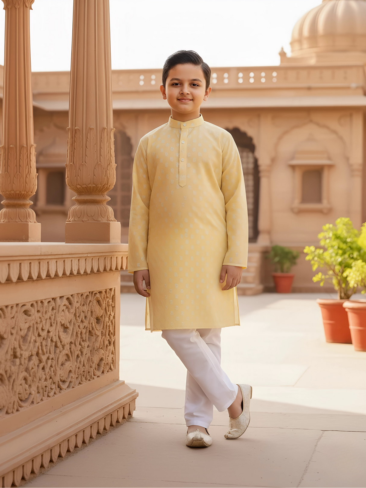 Boys Elegant Pastel Yellow Jacquard Kurta Set