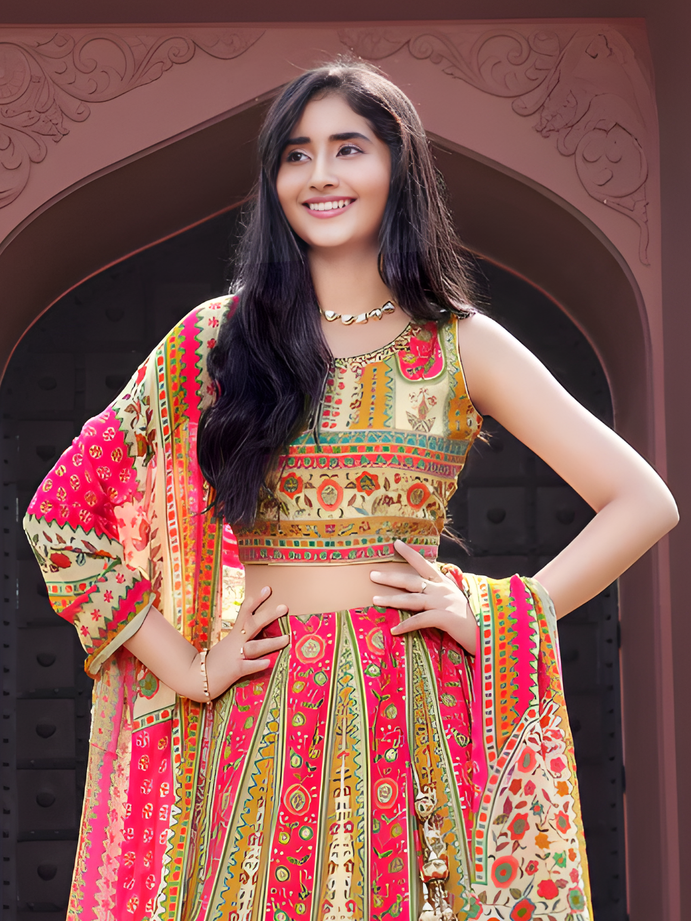 Women's Cream & Pink Rajasthani Print Silk Lehenga Choli Set