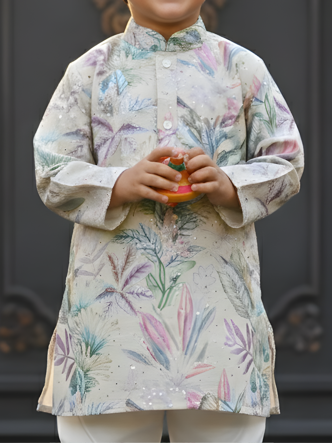 Boys Cream Pastel Floral Printed Kurta Set
