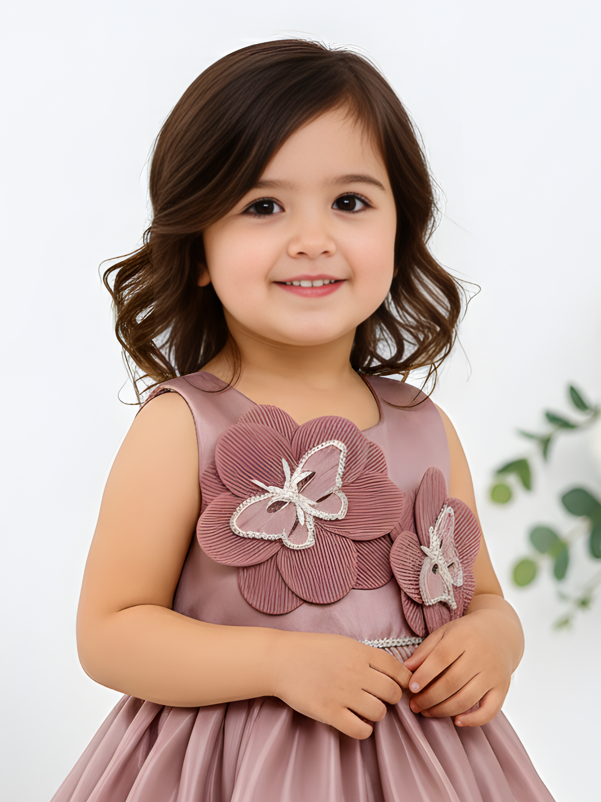 Elegant Dusty Rose Frock with 3D Butterfly Floral Appliqués