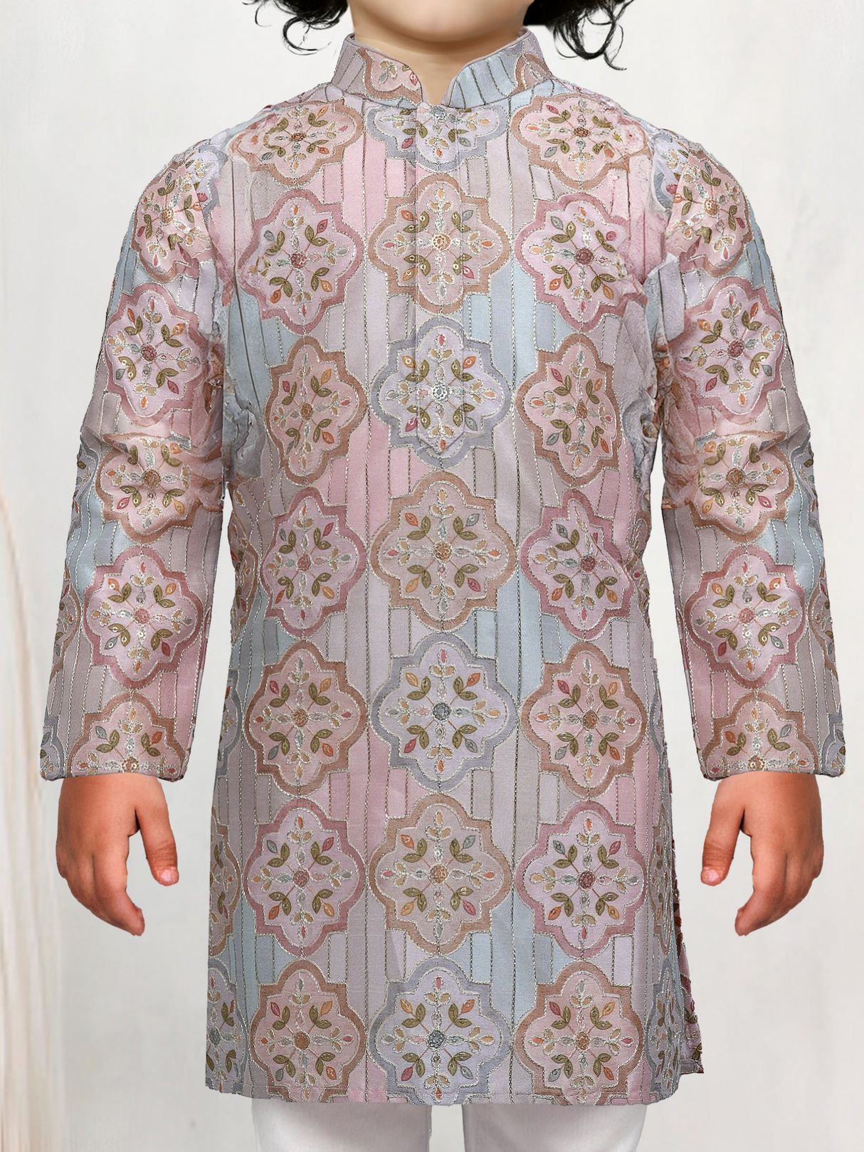 Cream Embroidered Kurta Set with Pastel Pattern for Boys
