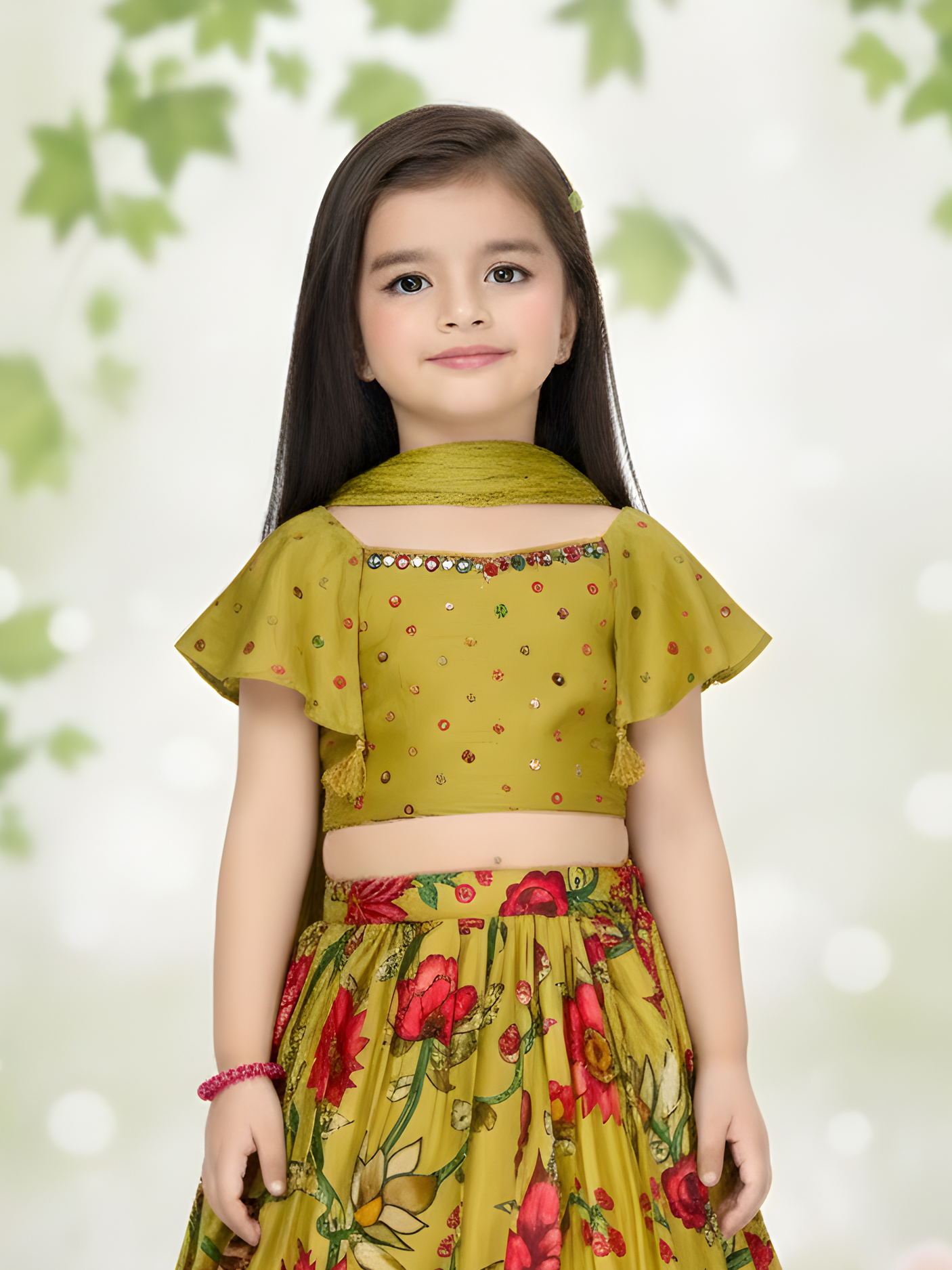Girls' Green & Red Floral Printed Lehenga Choli Set.