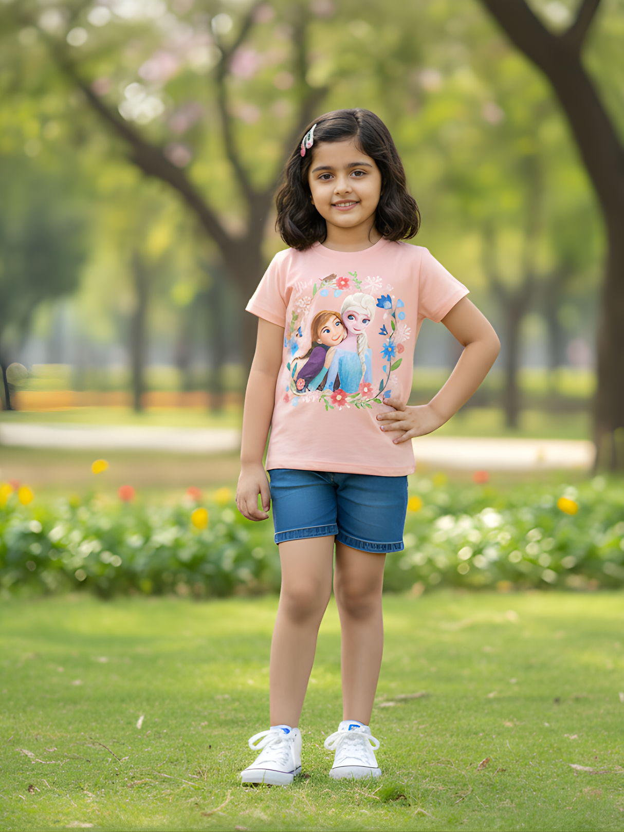 Girls' Peach Disney Frozen Elsa and Anna Floral Wreath Graphic T-Shirt