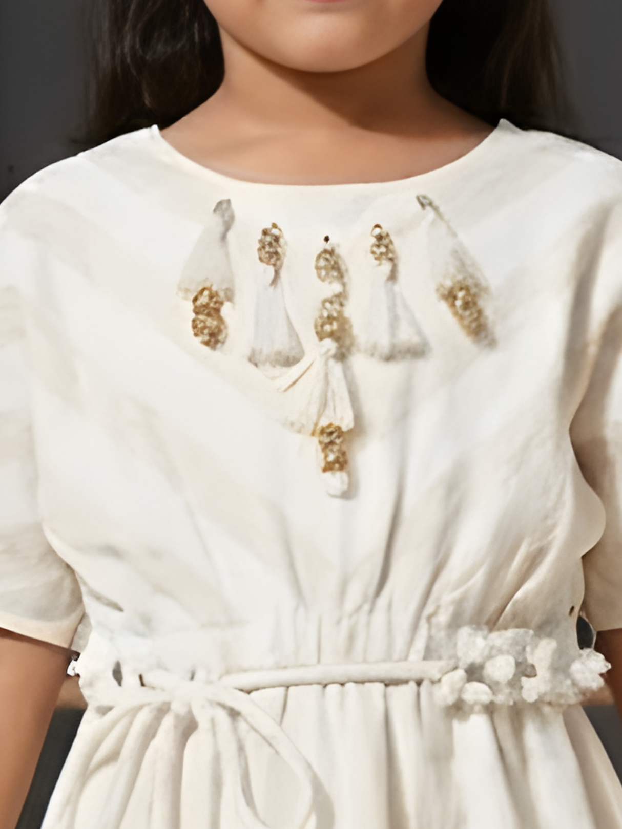 Girls' Cream Striped Boho Dress with Tassel Detail