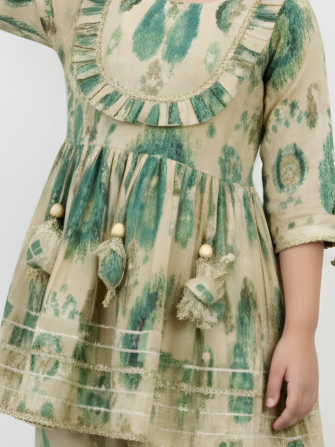 Girls Cream & Green Ikat Print Sharara Set