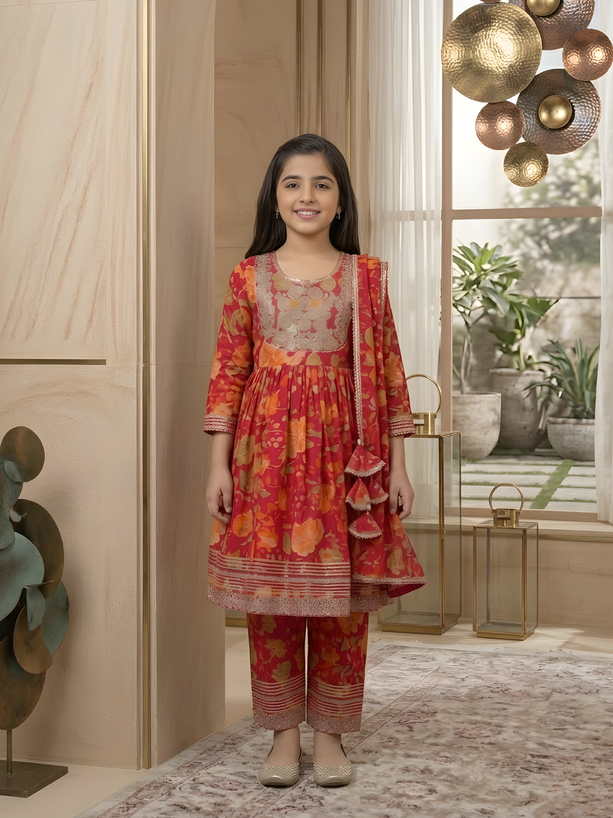 Girls' Rani Pink Floral Anarkali Suit Set with Embroidered Neckline