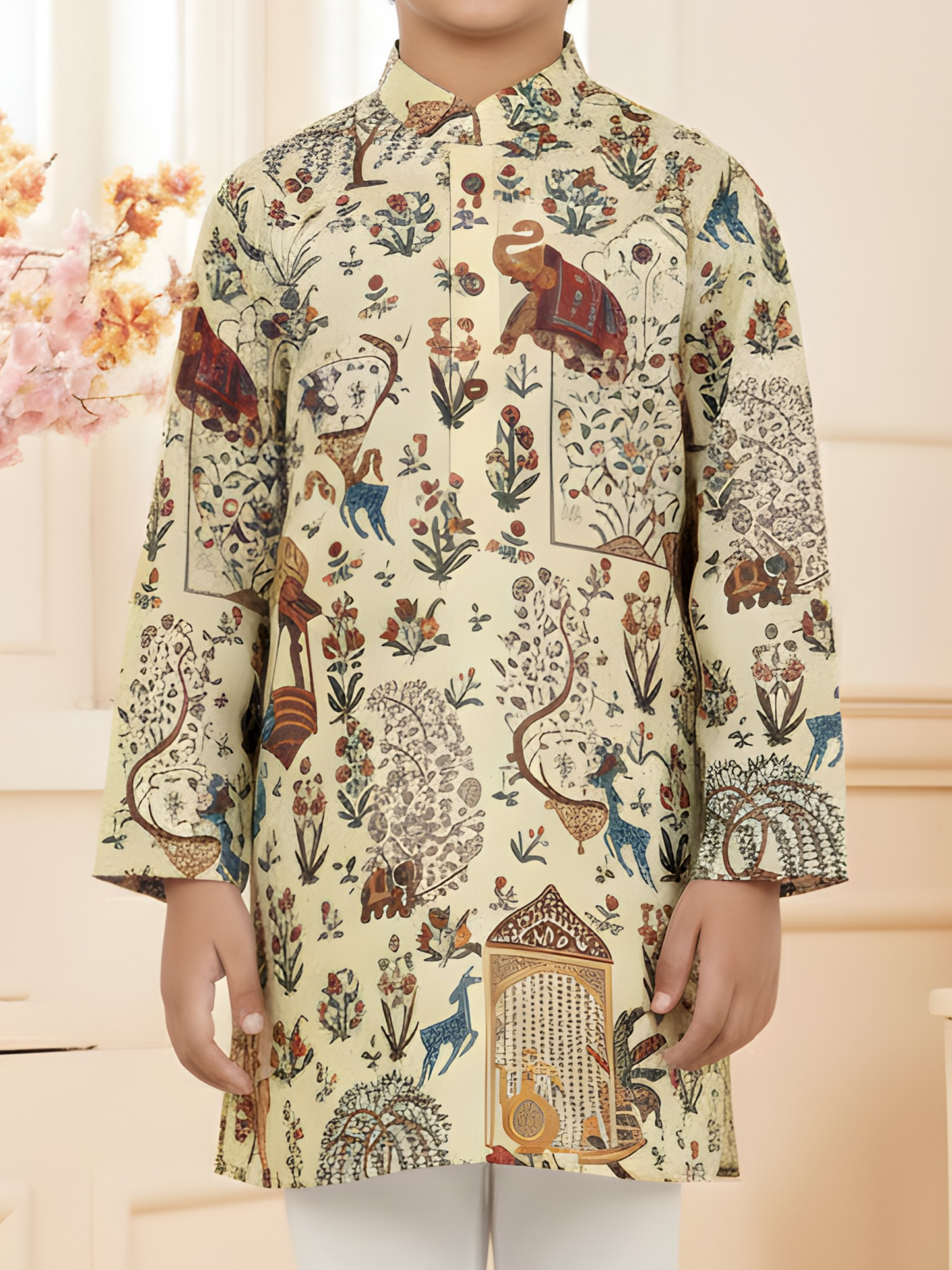 Boys Cream Printed Traditional Art Kurta with White Pyjama Set