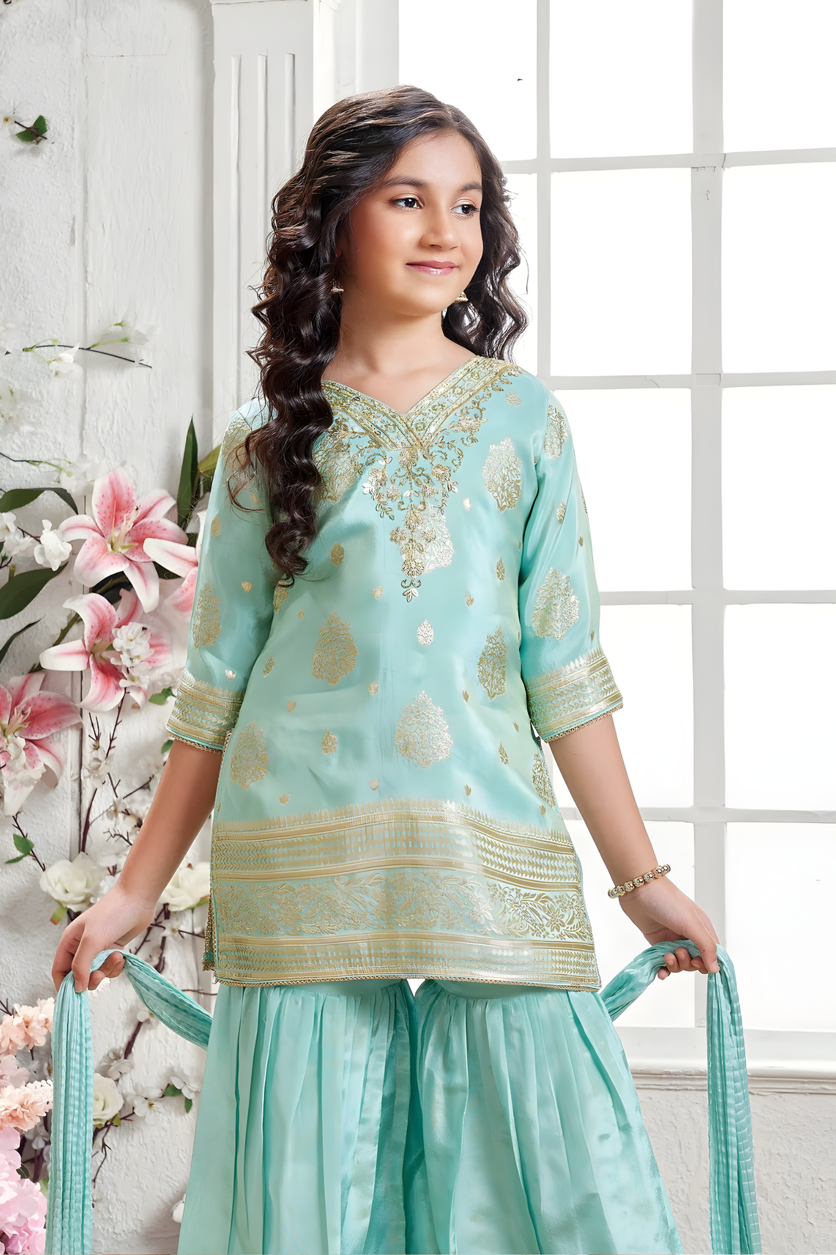 Girls' Mint Green Embroidered V-Neck Kurta and Sharara Set