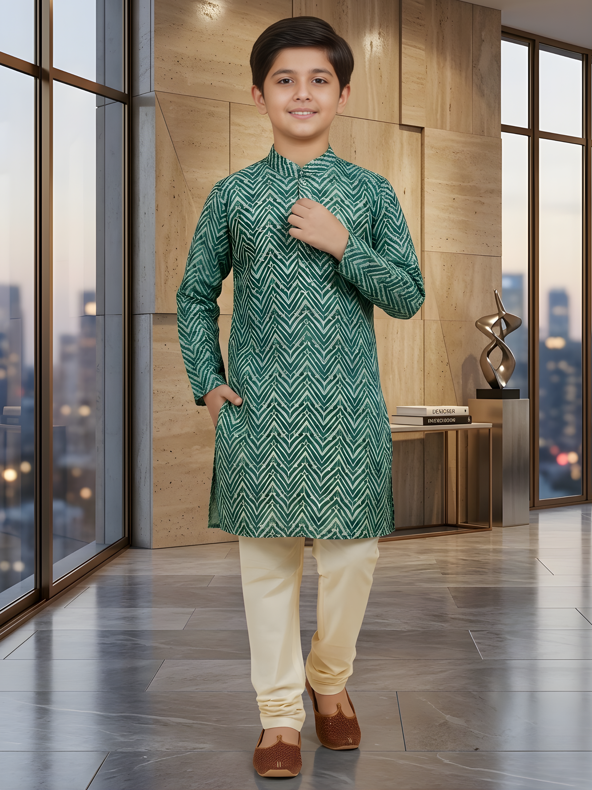 Boys' Dark Green and Beige Chevron Print Kurta Set