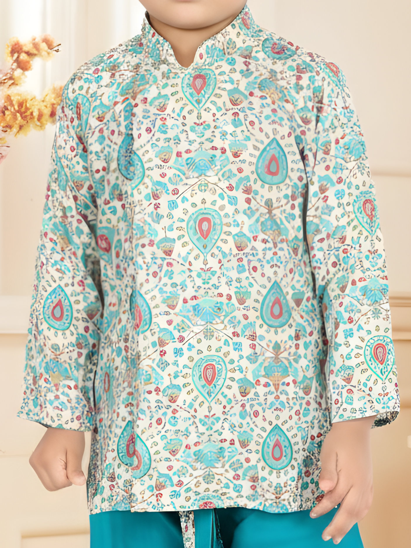 Boys' Cream Printed Kurta and Firozy Blue Dhoti Set