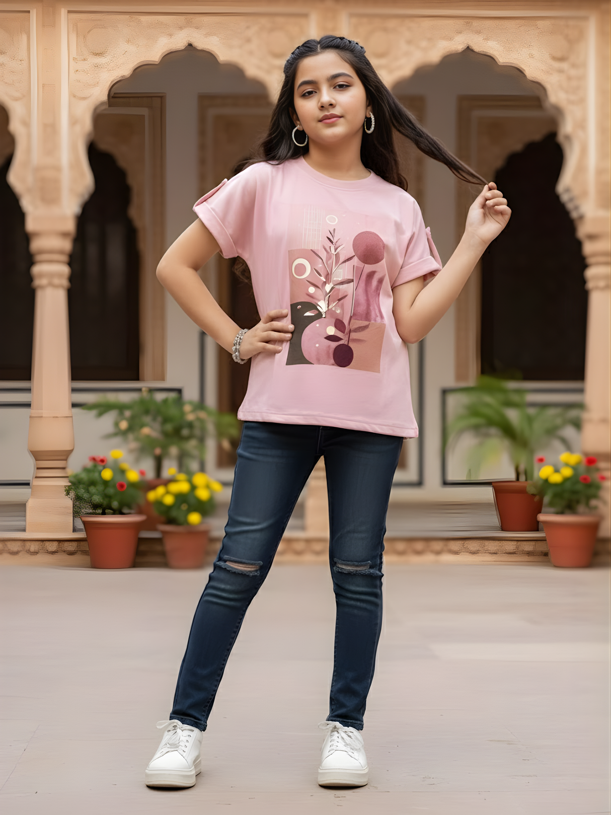 Girls Rose Pink Fashion Top with Abstract Botanical Print.