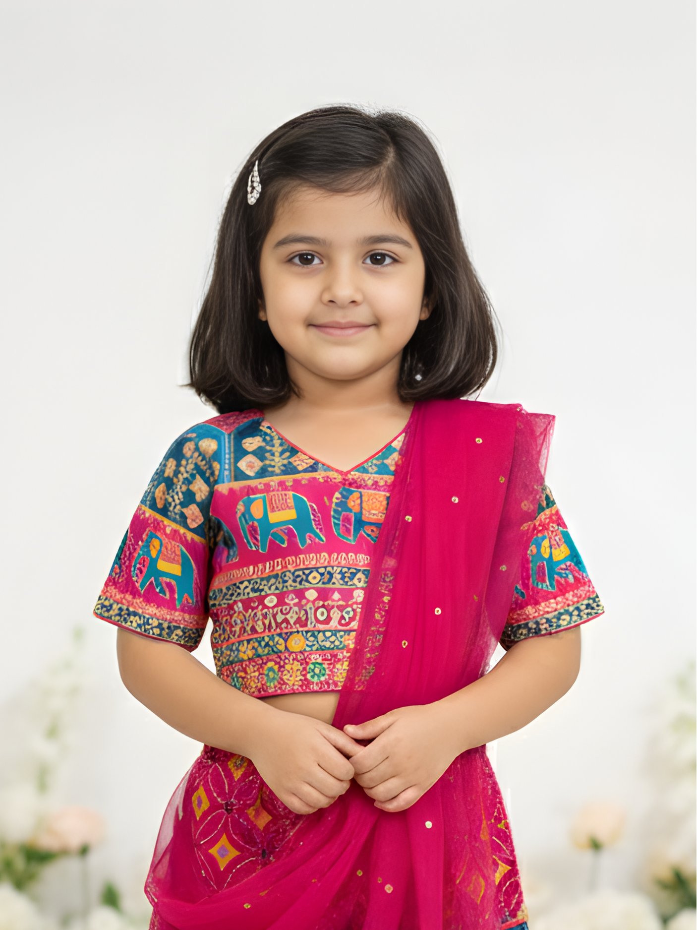 Girls' Festive Fuchsia Pink Embroidered Crop Top and Palazzo Set