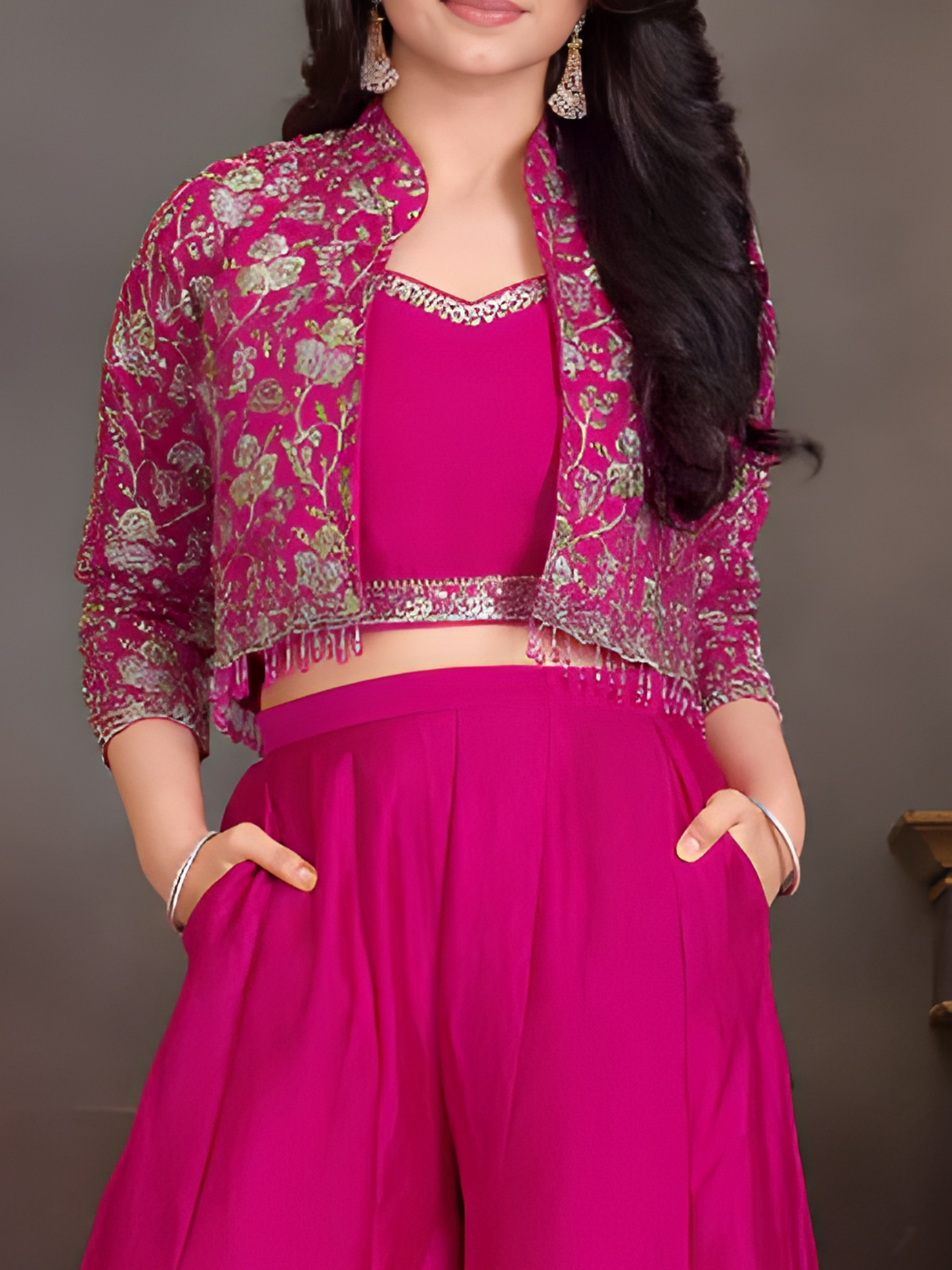 Girls' Rani Pink Floral Print Lehenga Choli Set with Bell Sleeves