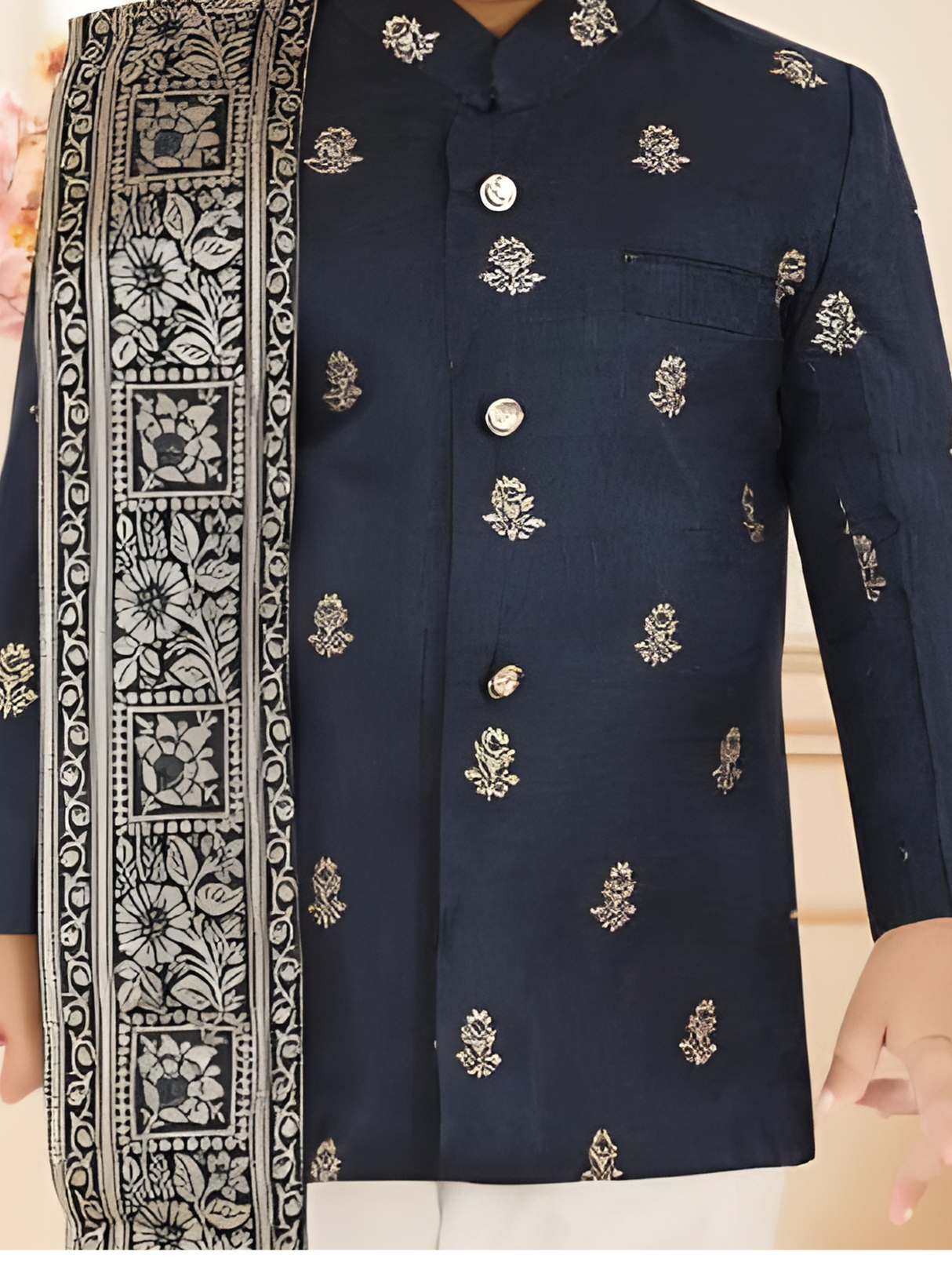 Toddler Boys' Navy Blue Brocade Bandhgala Kurta Set with Shawl