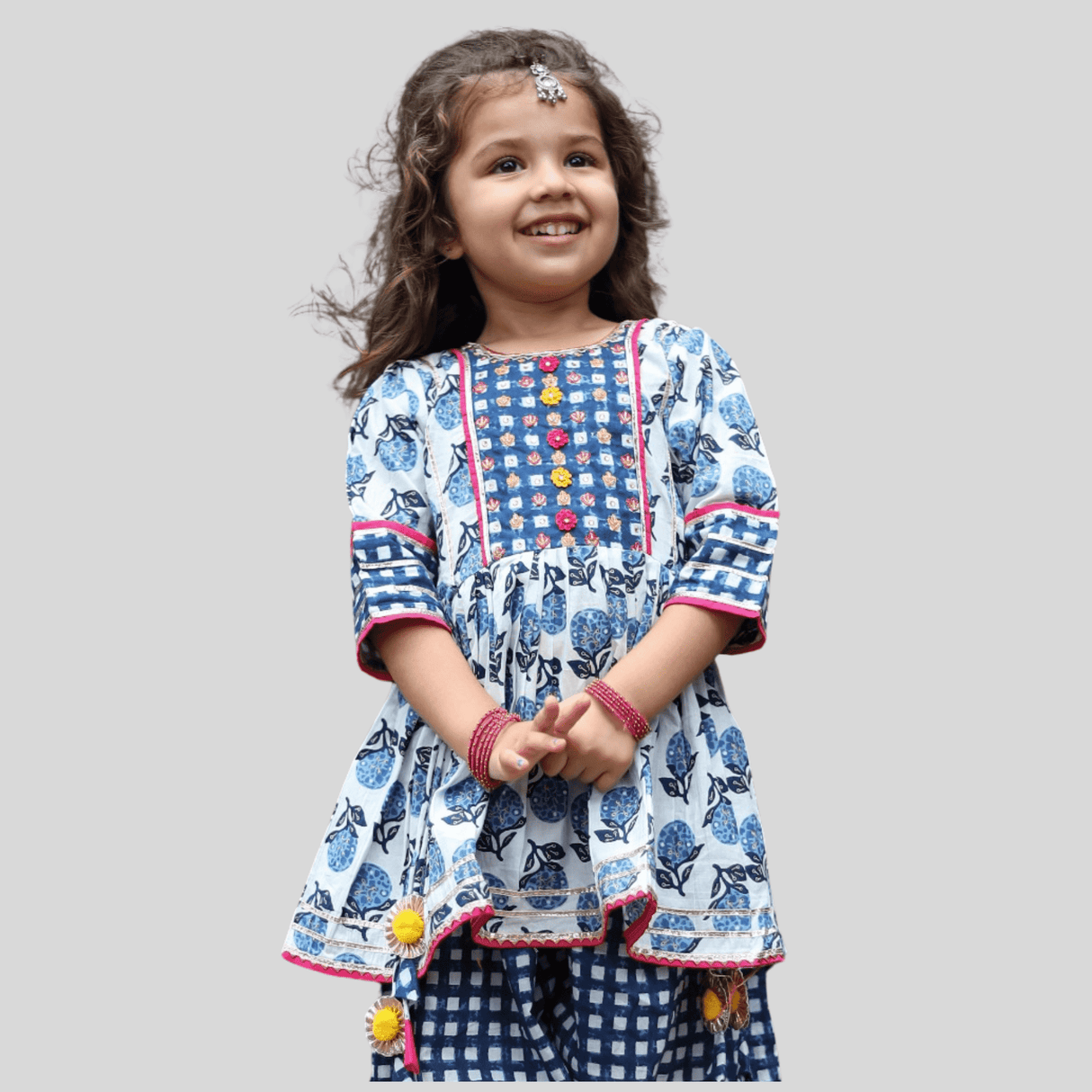 Girls Traditional 3/4th Sleeves Patiala Set - Blue