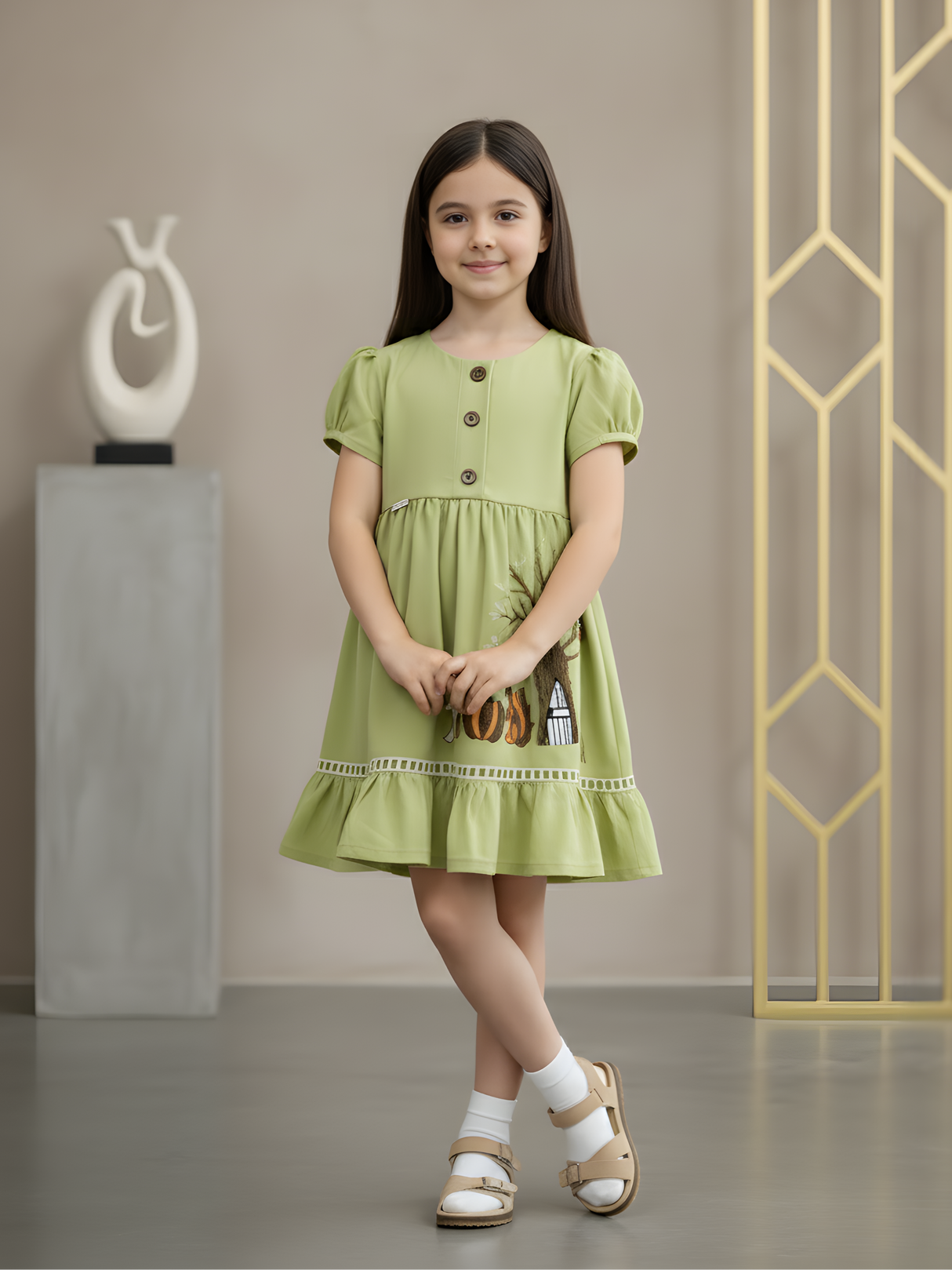 Toddler Girls' Lime Green Embroidered Forest Frock