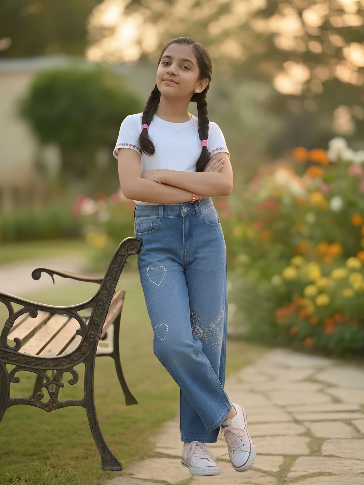 Girls' Embellished Blue Wide-Leg Denim Jeans