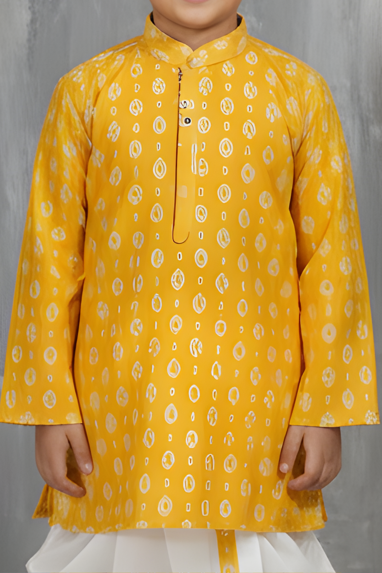 Boys' Yellow Printed Kurta with White Dhoti Set
