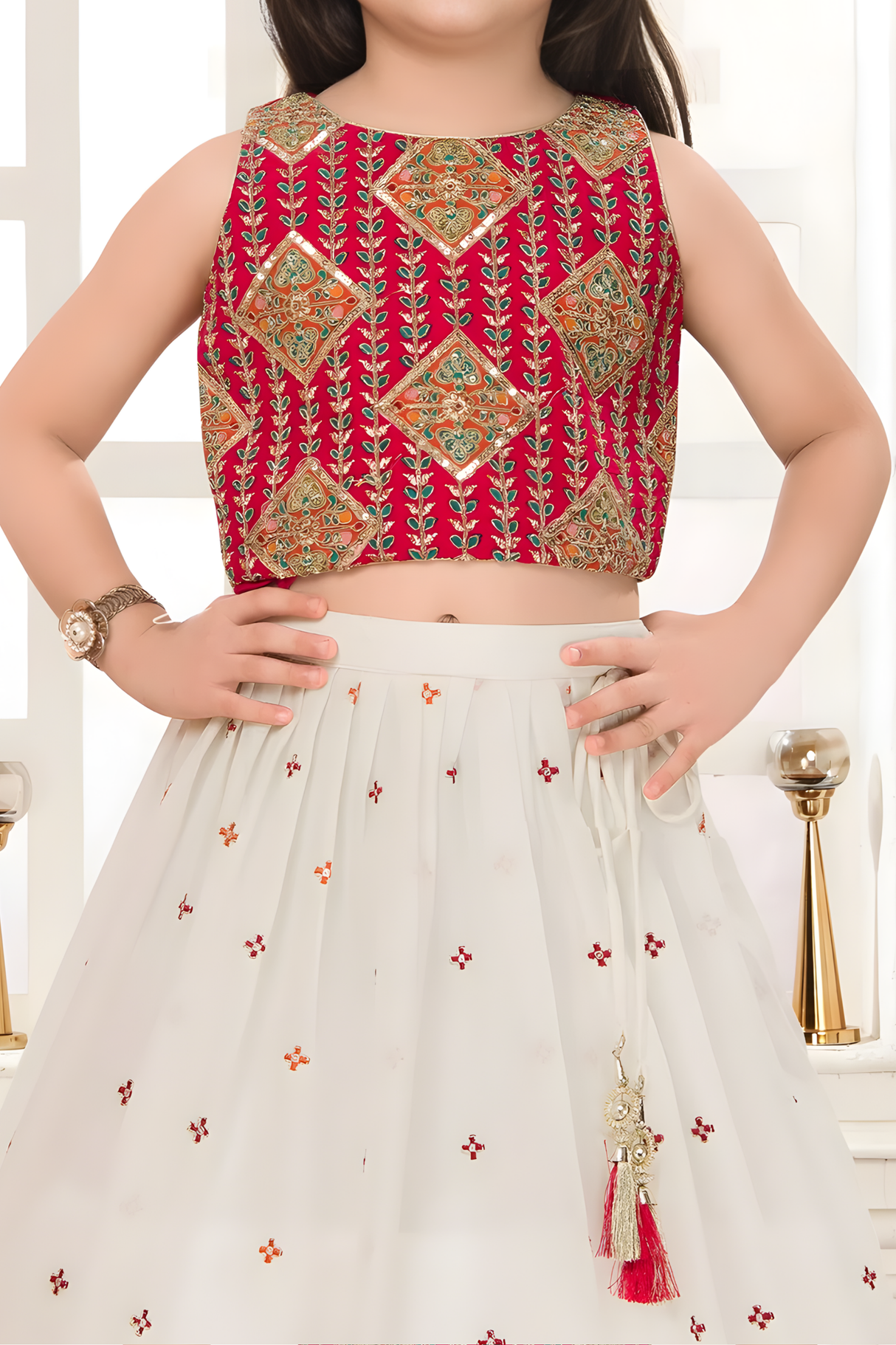Ruby Red & Cream Embroidered Lehanga Choli Set for Girls