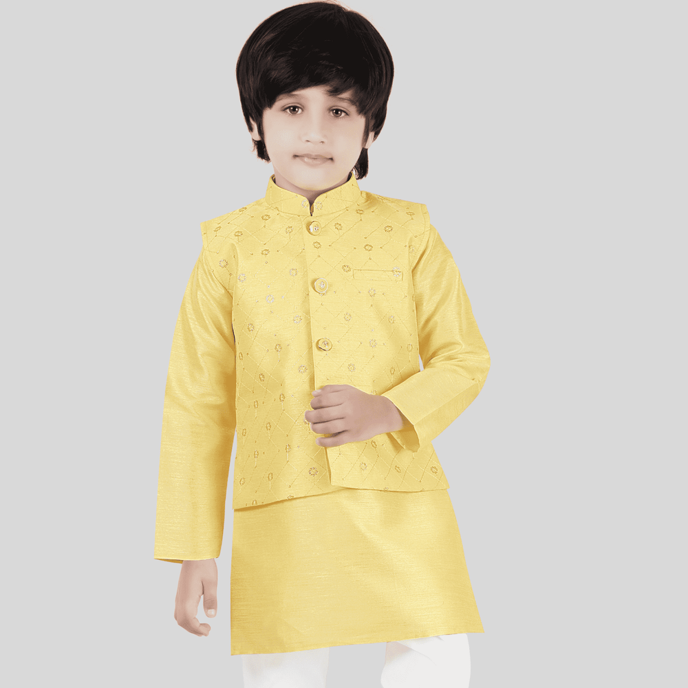 Boys Traditional With Work Chudidar Kurta with Koti - Yellow