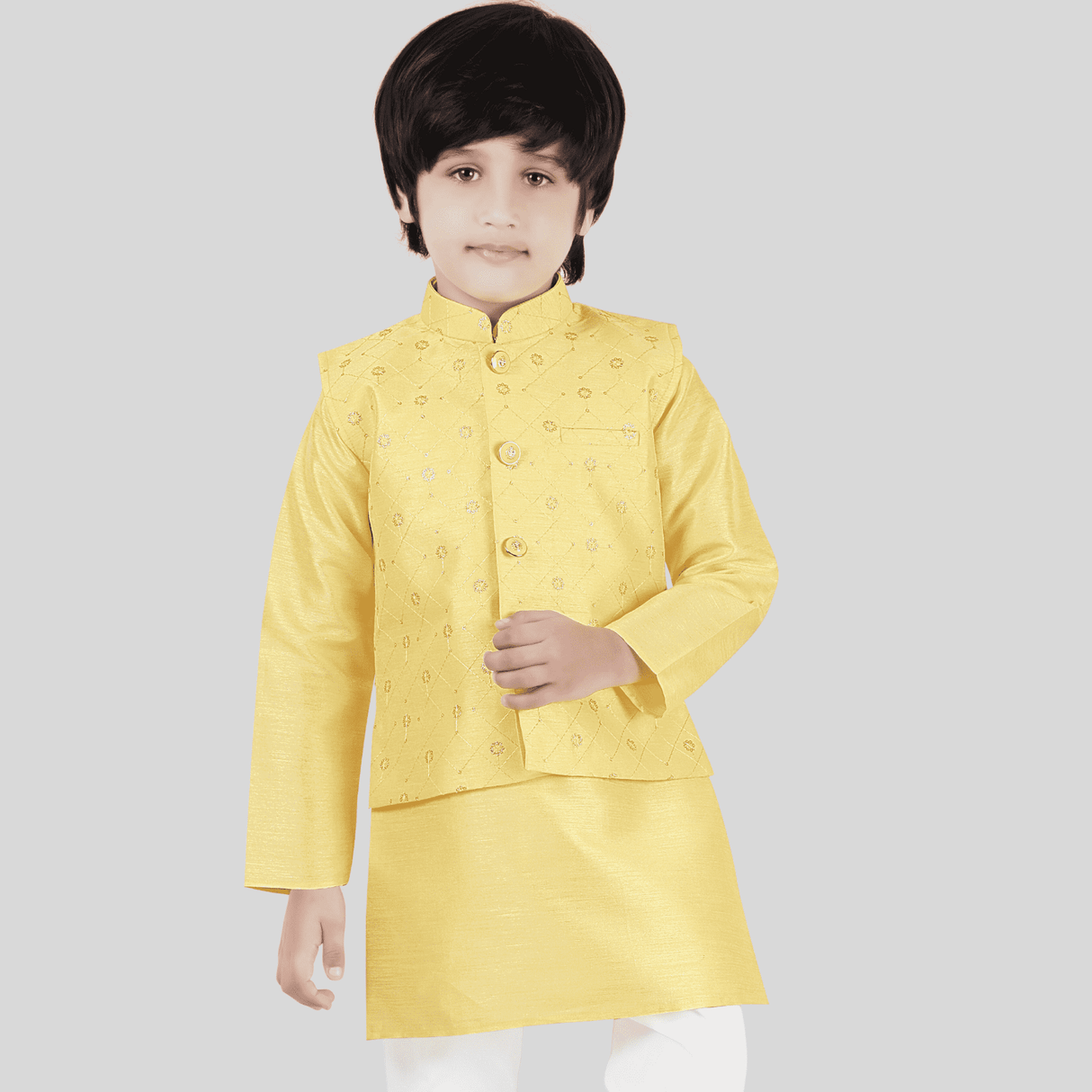 Boys Traditional With Work Chudidar Kurta with Koti - Yellow