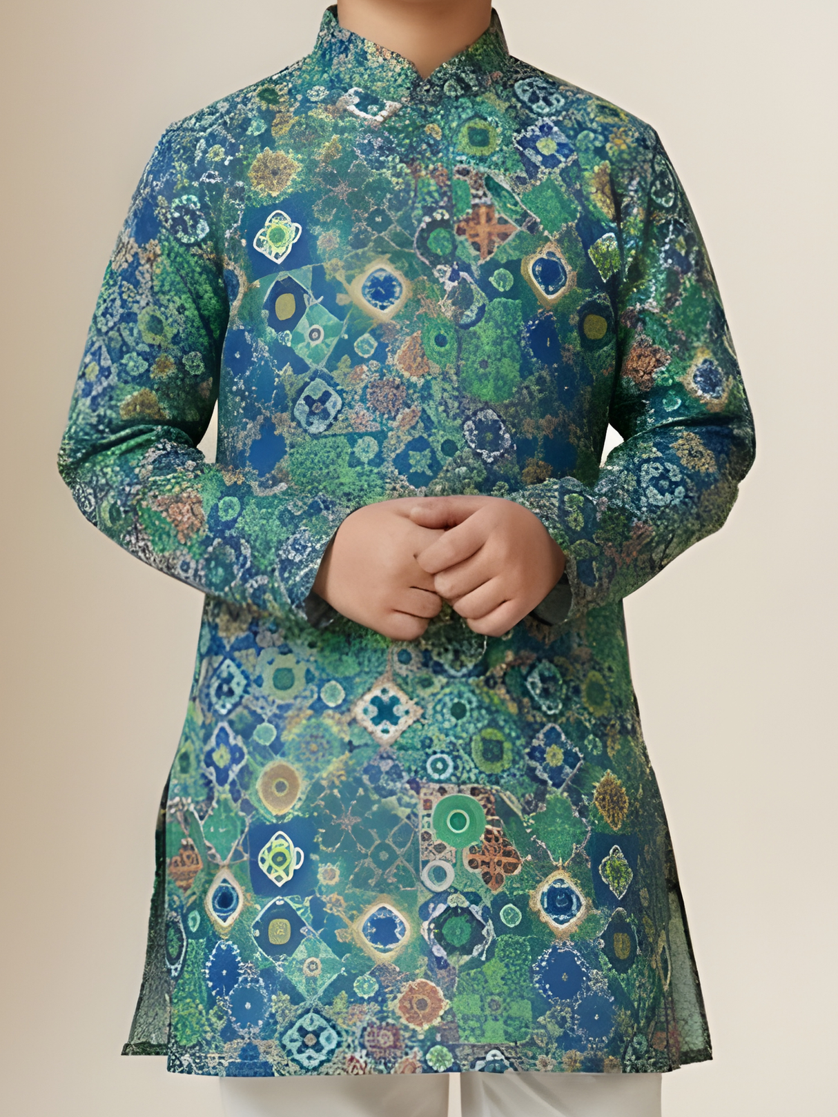 Boys' Festive Multi-Color Geometric Print Kurta with Cream Pyjama Set.