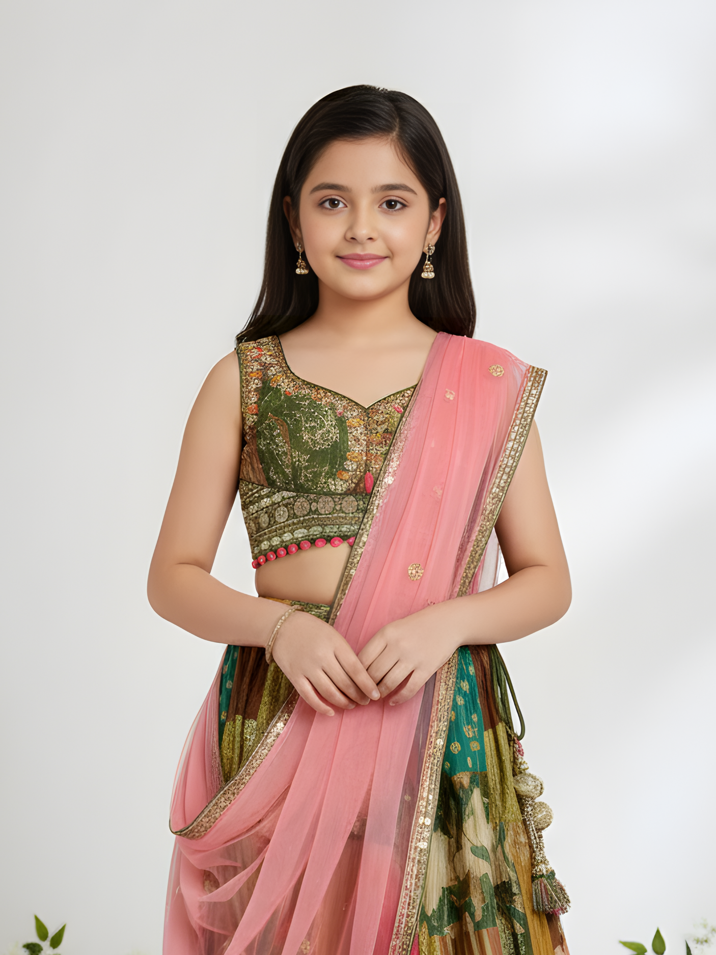 Girls' Olive Green Patchwork Print Embroidered Choli and Lehenga Set