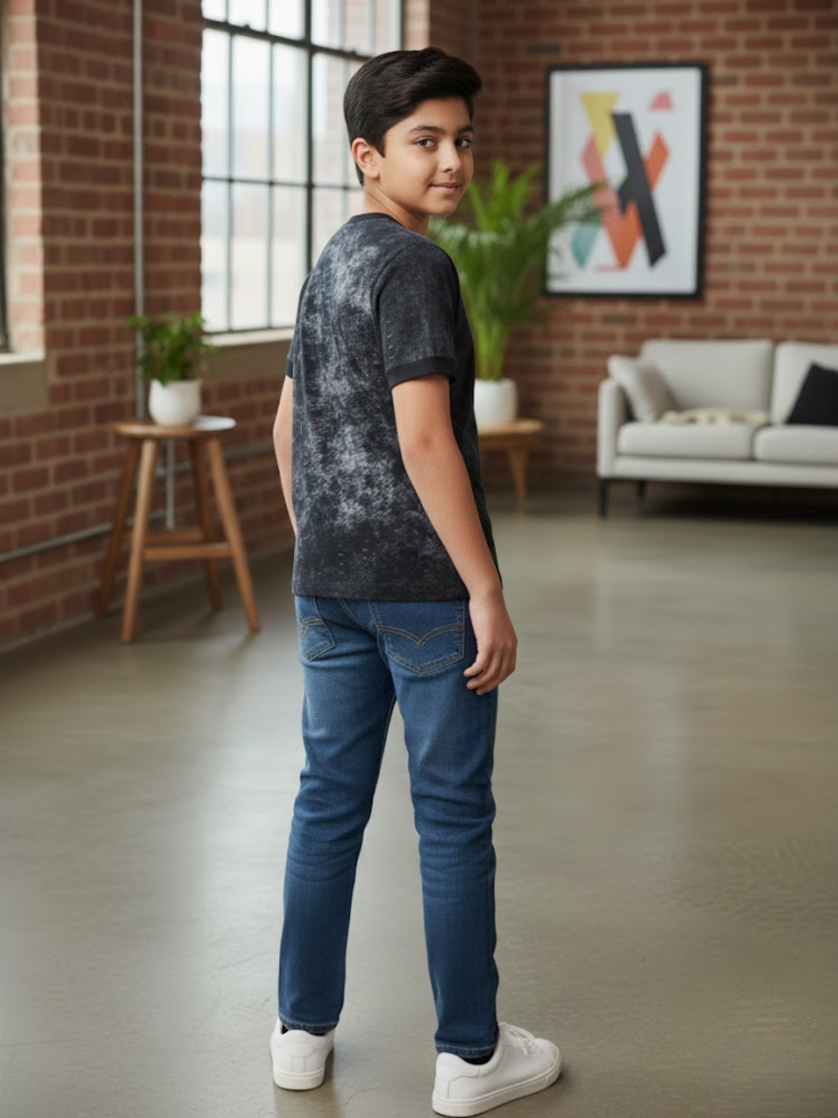 Boys' Black Washed Techwear T-Shirt with Utility Pocket & Contrast Panel