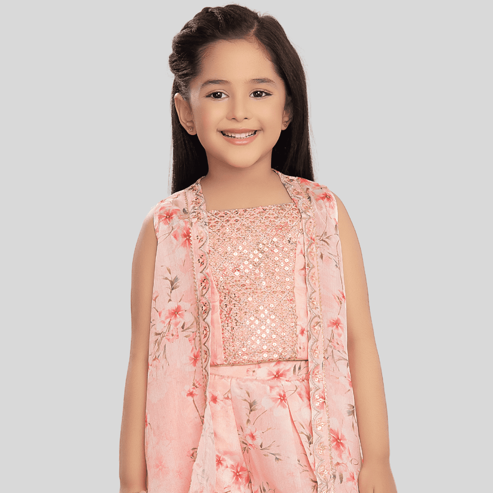 Girls Traditional Sleeves Less Plazo Set - Peach