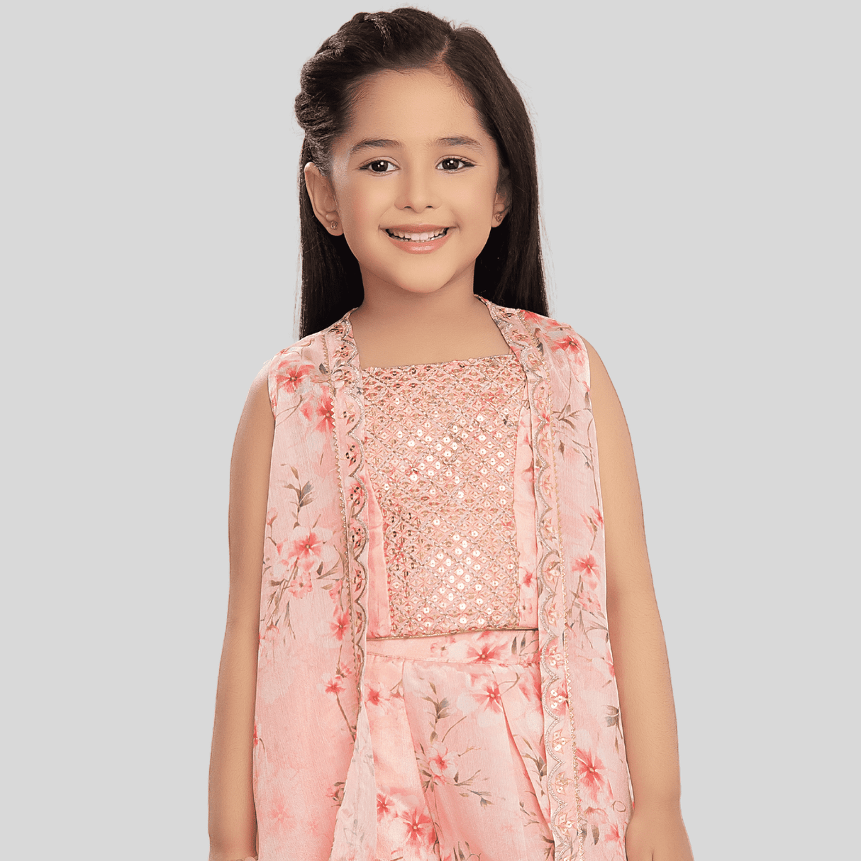 Girls Traditional Sleeves Less Plazo Set - Peach
