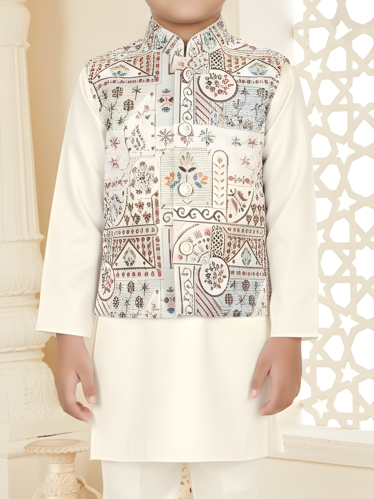 Boy's Cream Kurta Set with Multicolor Printed Nehru Jacket