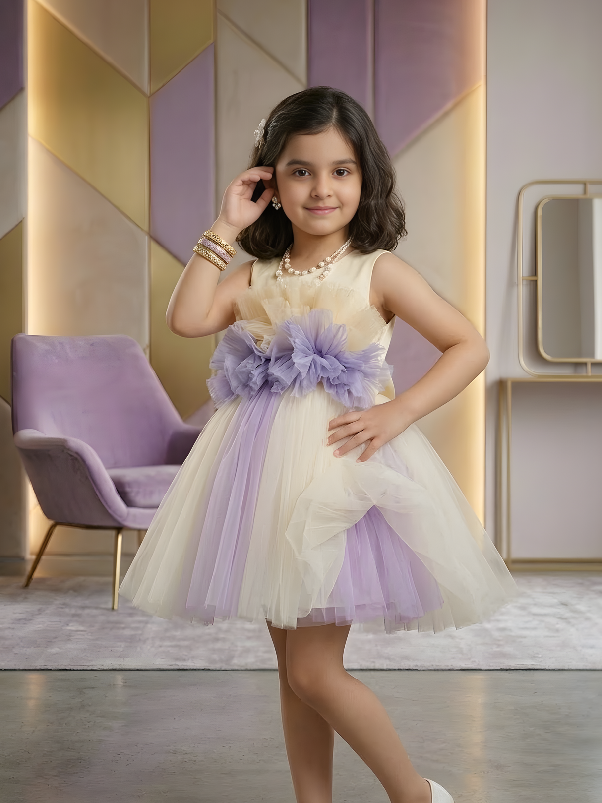 Girls' Cream & Lavender Sleeveless Tulle Party Frock with 3D Flower Bodice.