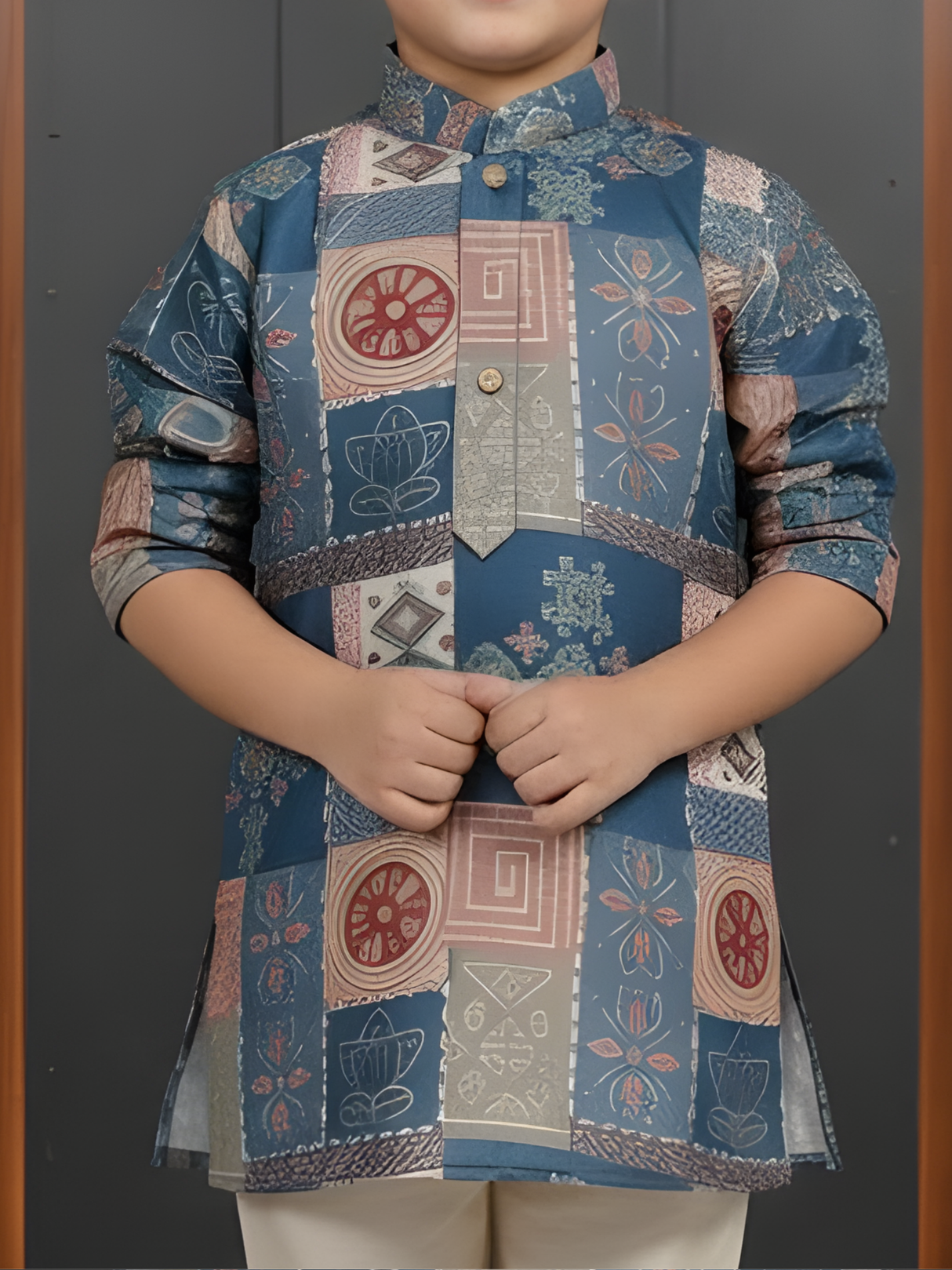 Boys Teal Blue Geometric Print Kurta with Cream Pajama Set